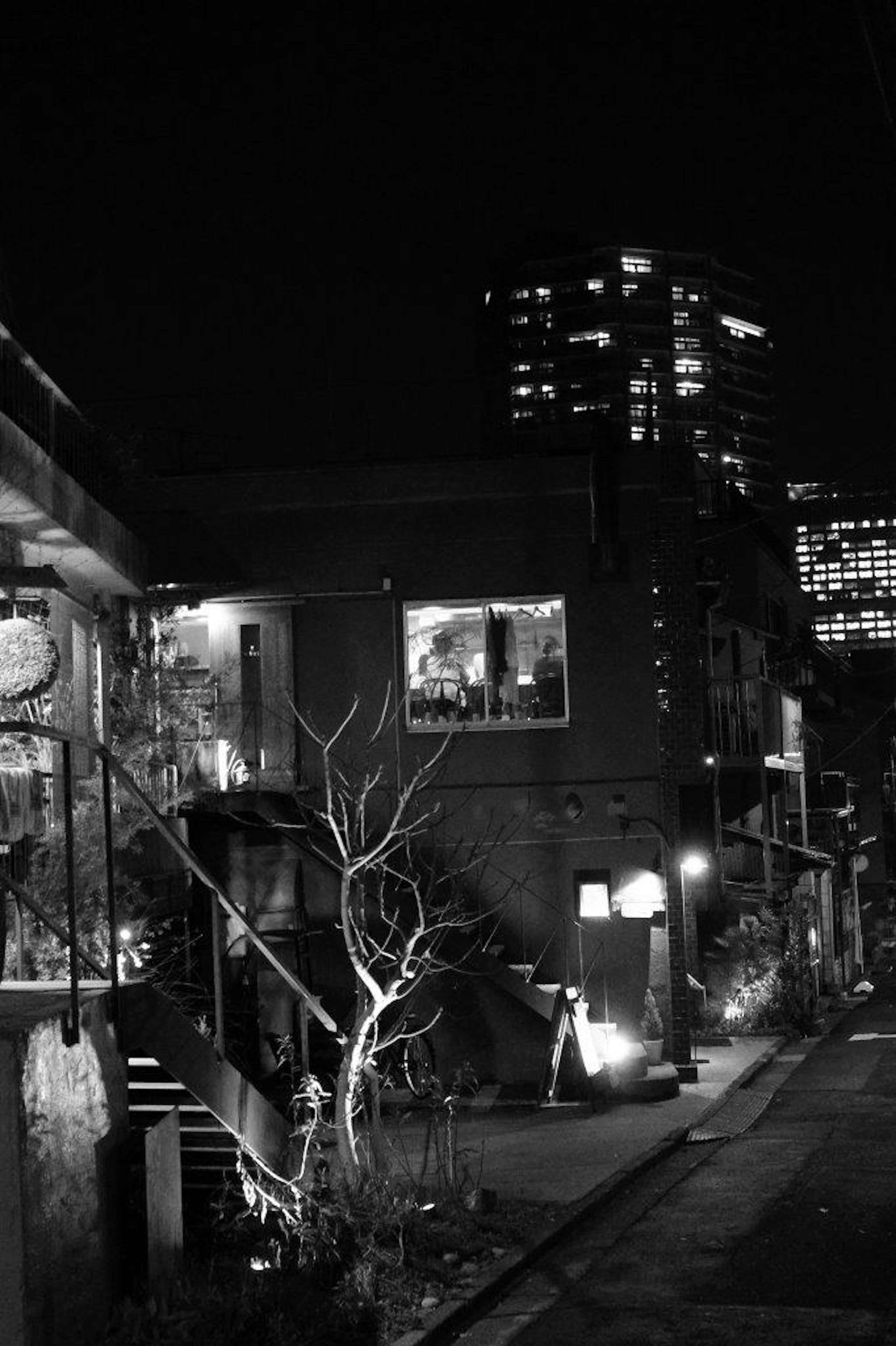 Escena nocturna con escaleras y un árbol en un entorno urbano