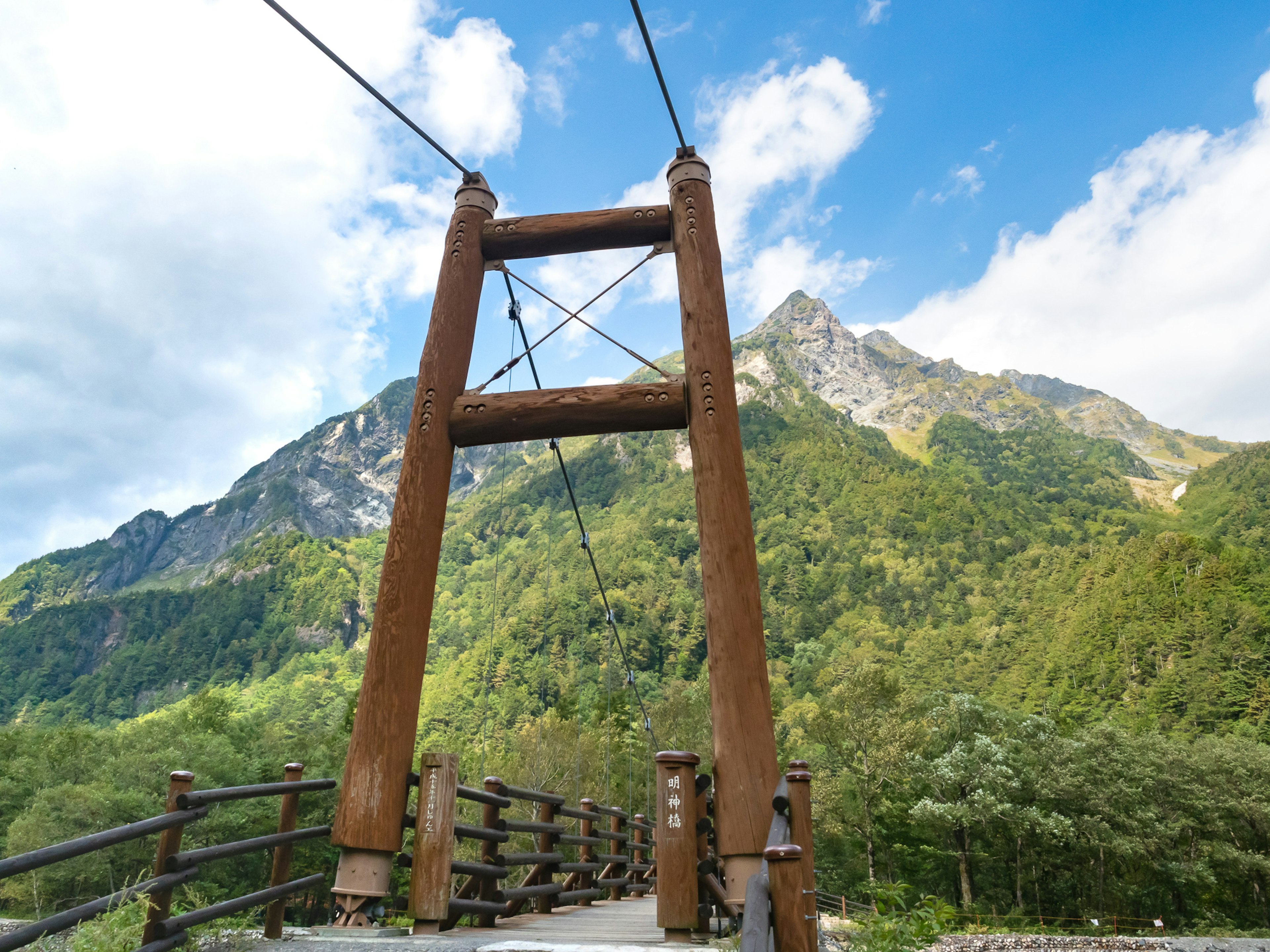 Puente colgante de madera con montañas y cielo azul de fondo