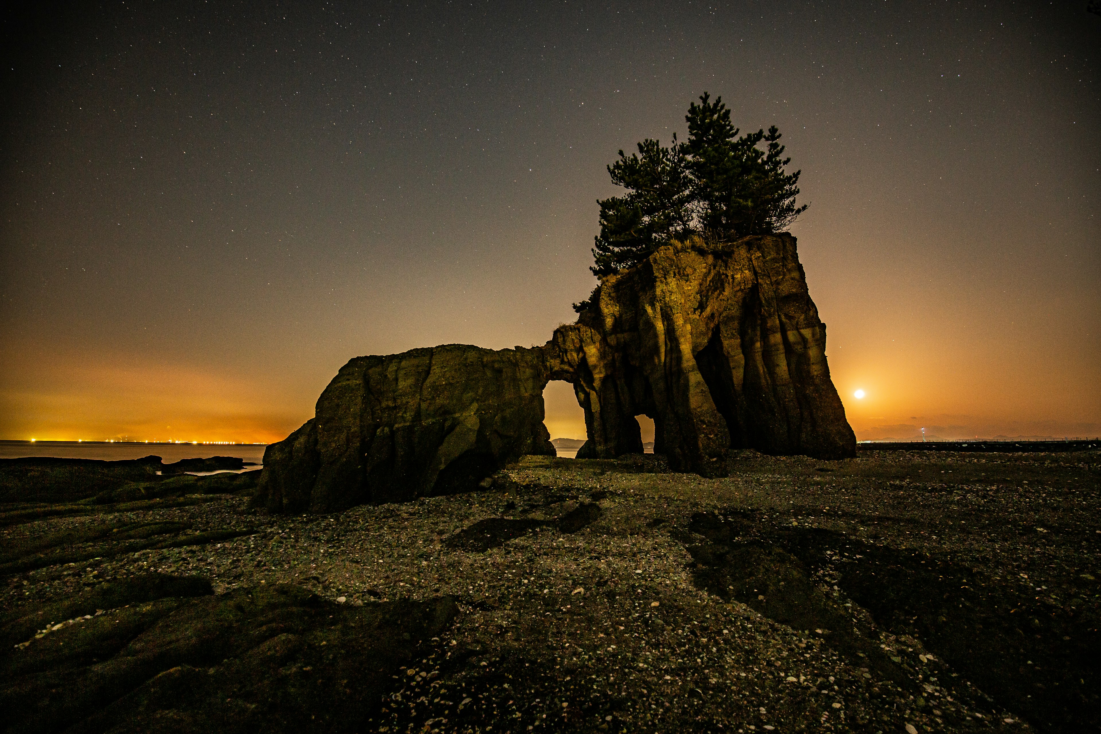 A large rock formation with trees standing under a night sky