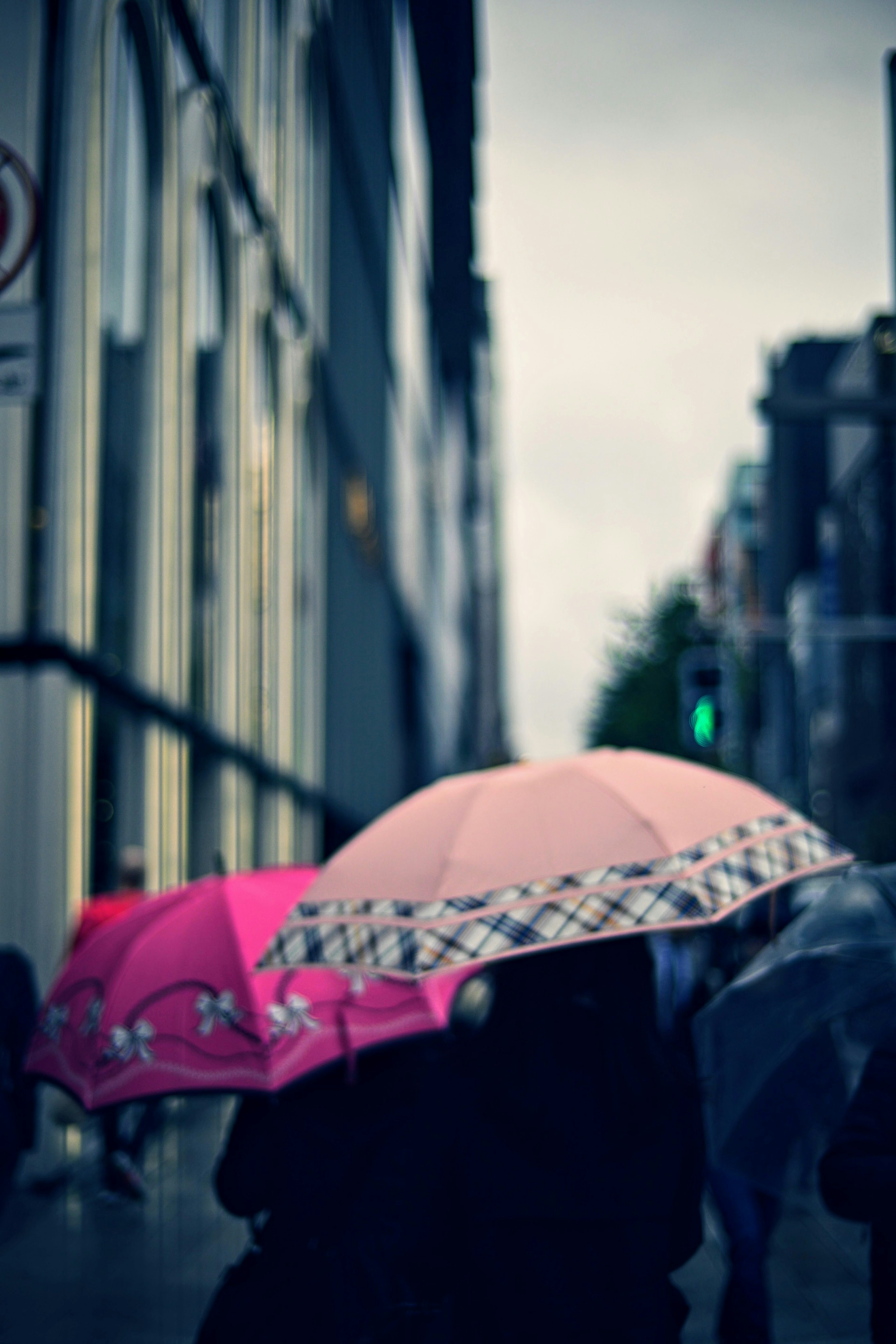 雨の中のピンクの傘と背景の建物