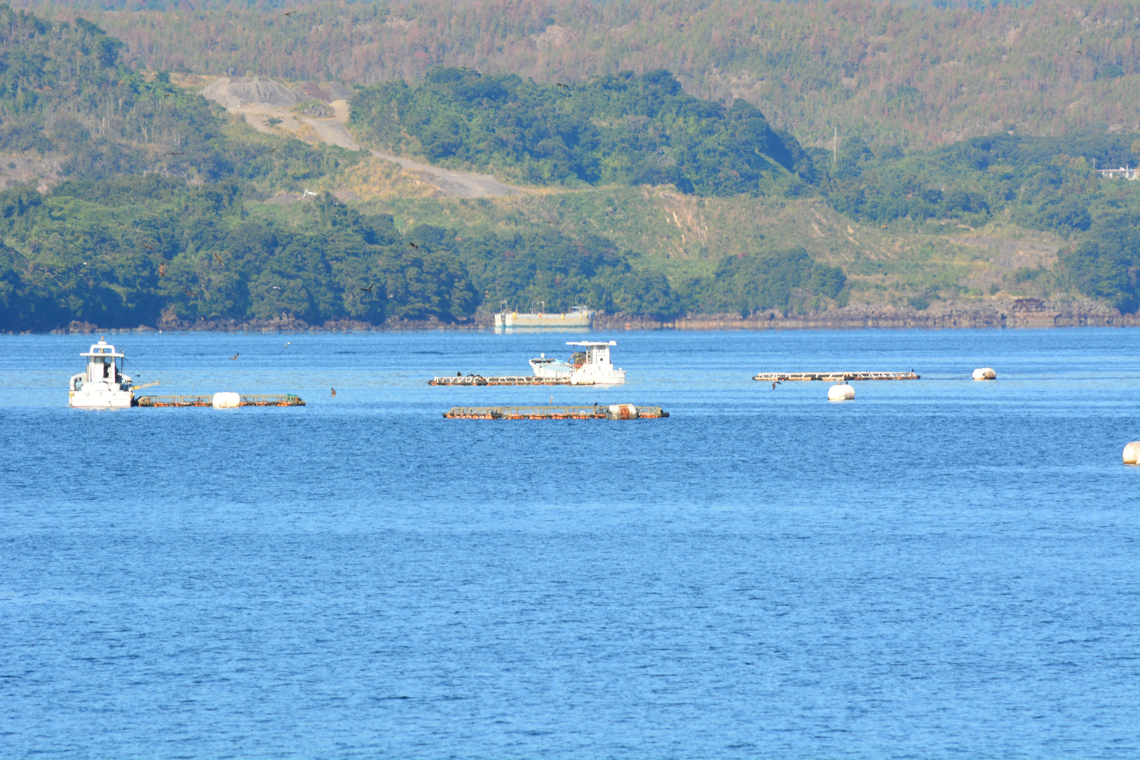 ทิวทัศน์ของทะเลสาบที่เงียบสงบพร้อมเรือและสิ่งอำนวยความสะดวกการเพาะเลี้ยงสัตว์น้ำ