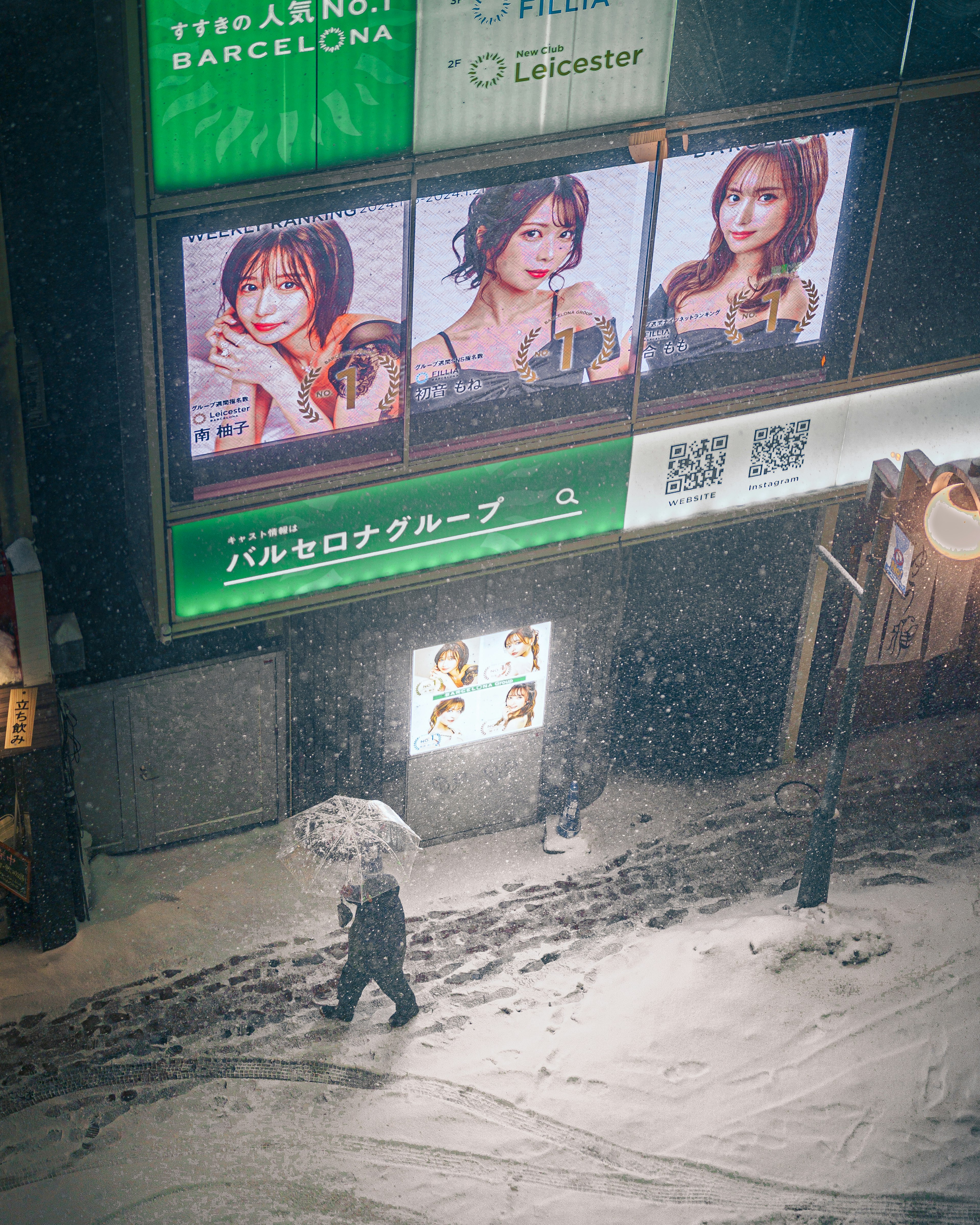 雪の中を歩く傘をさした人と広告看板のある街の風景