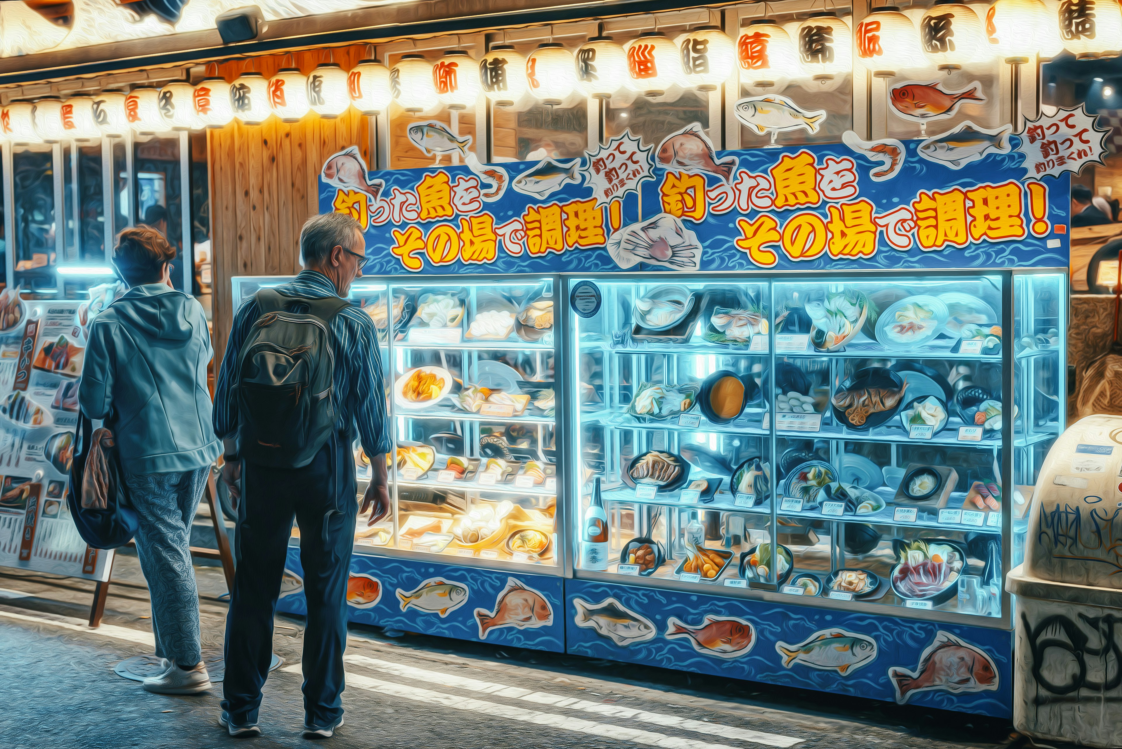 Zwei Personen, die auf ein mit blauen Lichtern beleuchtetes Sushi-Display schauen