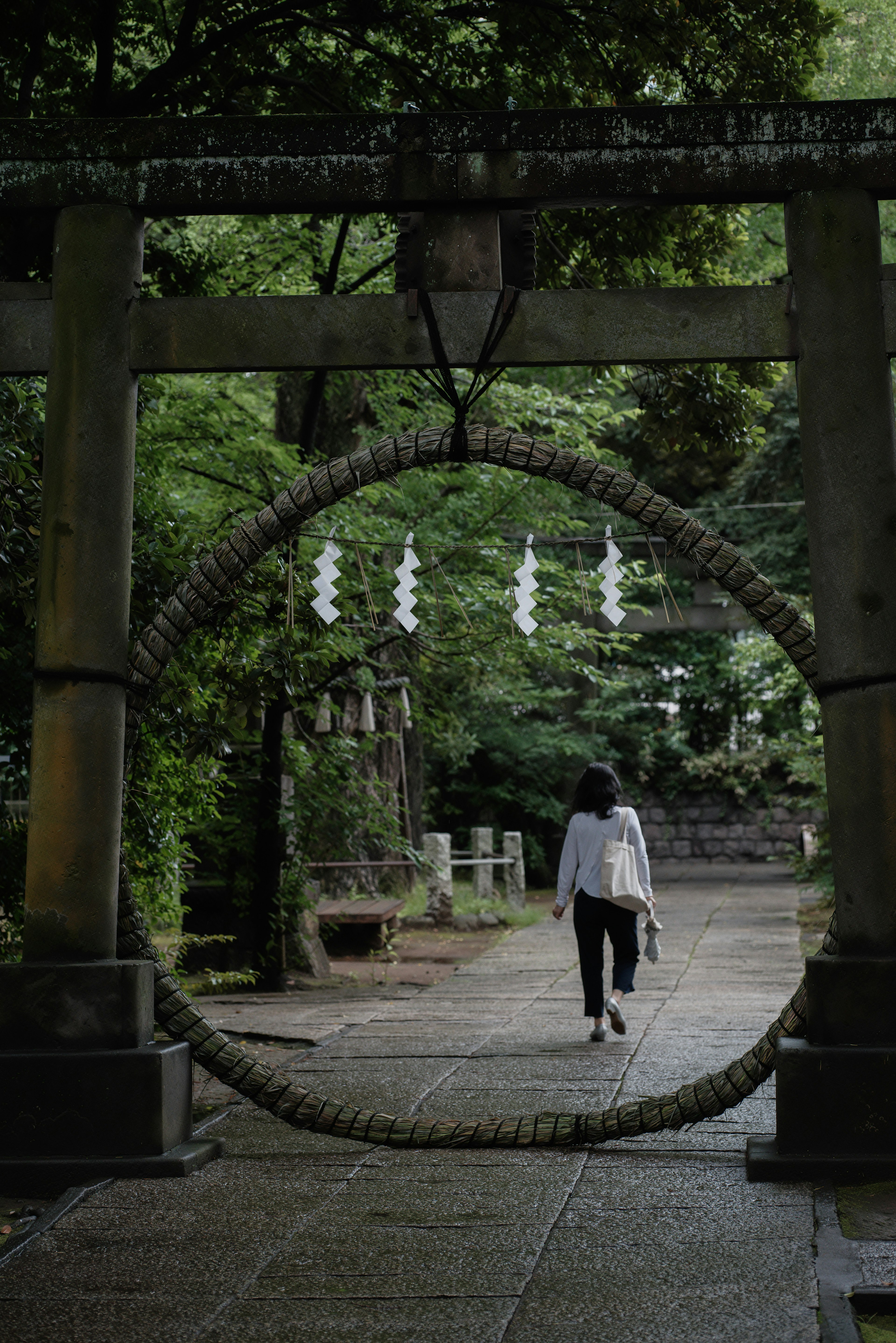 Una mujer vestida de blanco caminando a través de un torii rodeado de árboles verdes y frondosos