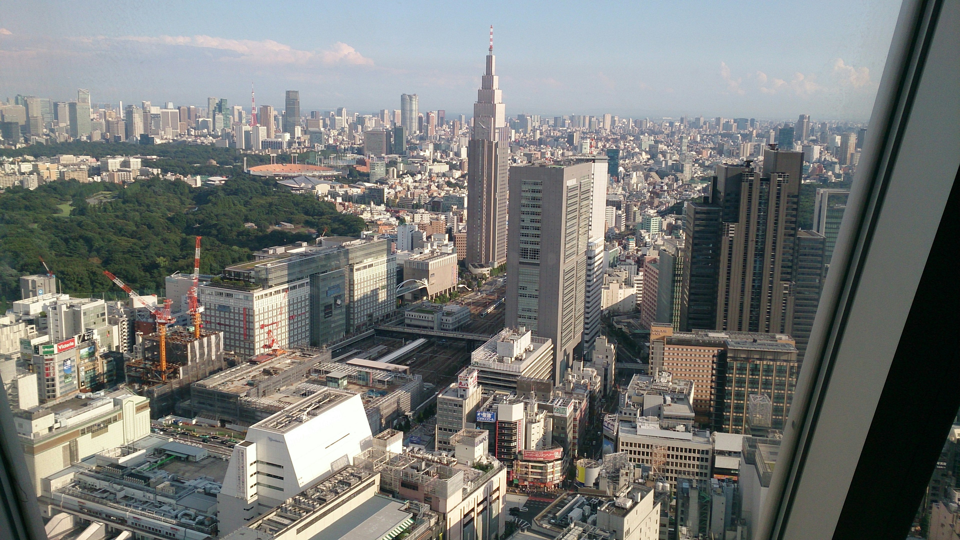 Panoramablick auf die Wolkenkratzer von Shinjuku und einen grünen Park