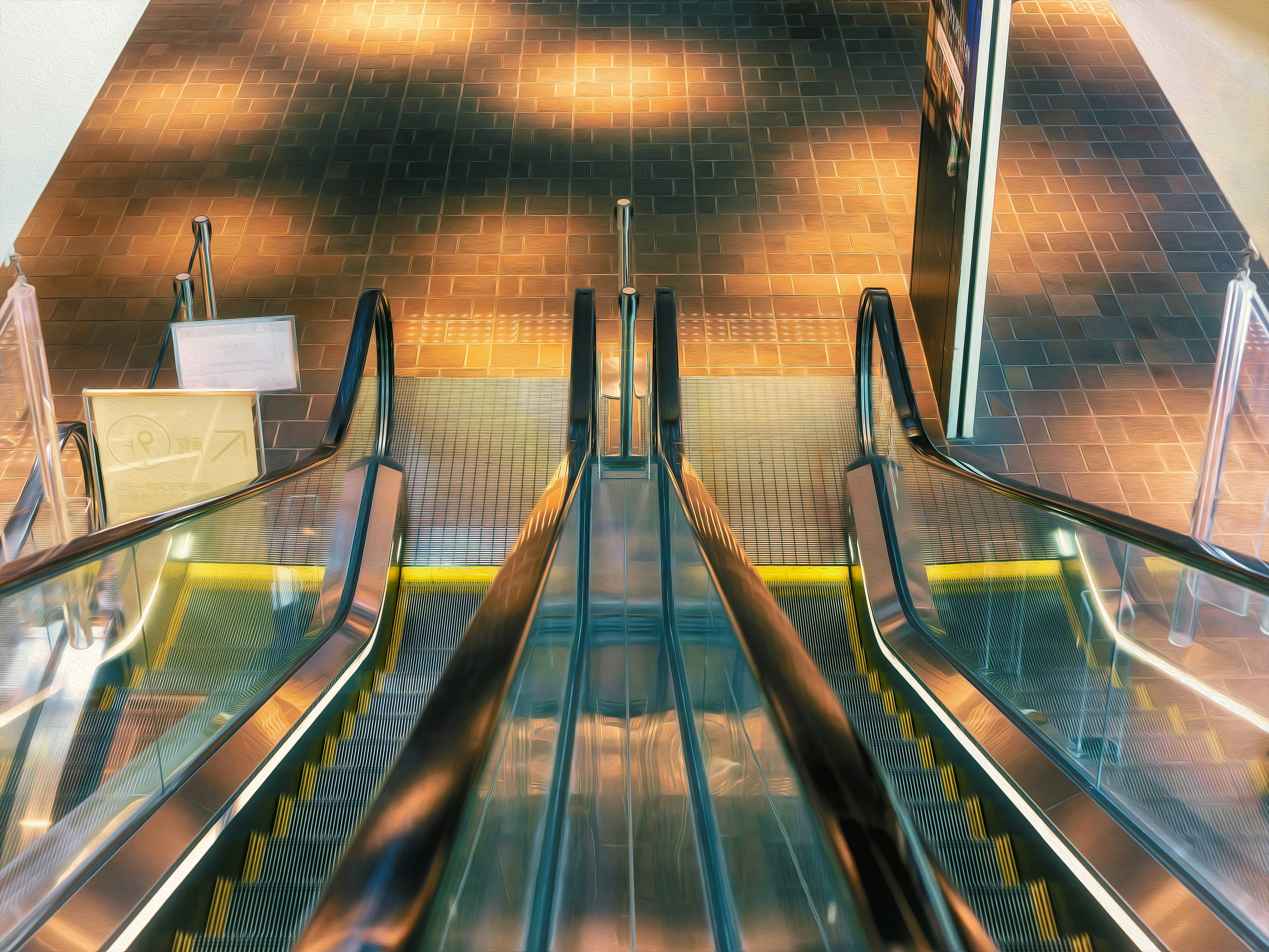 View from above of escalators with smooth metal railings and bright lighting