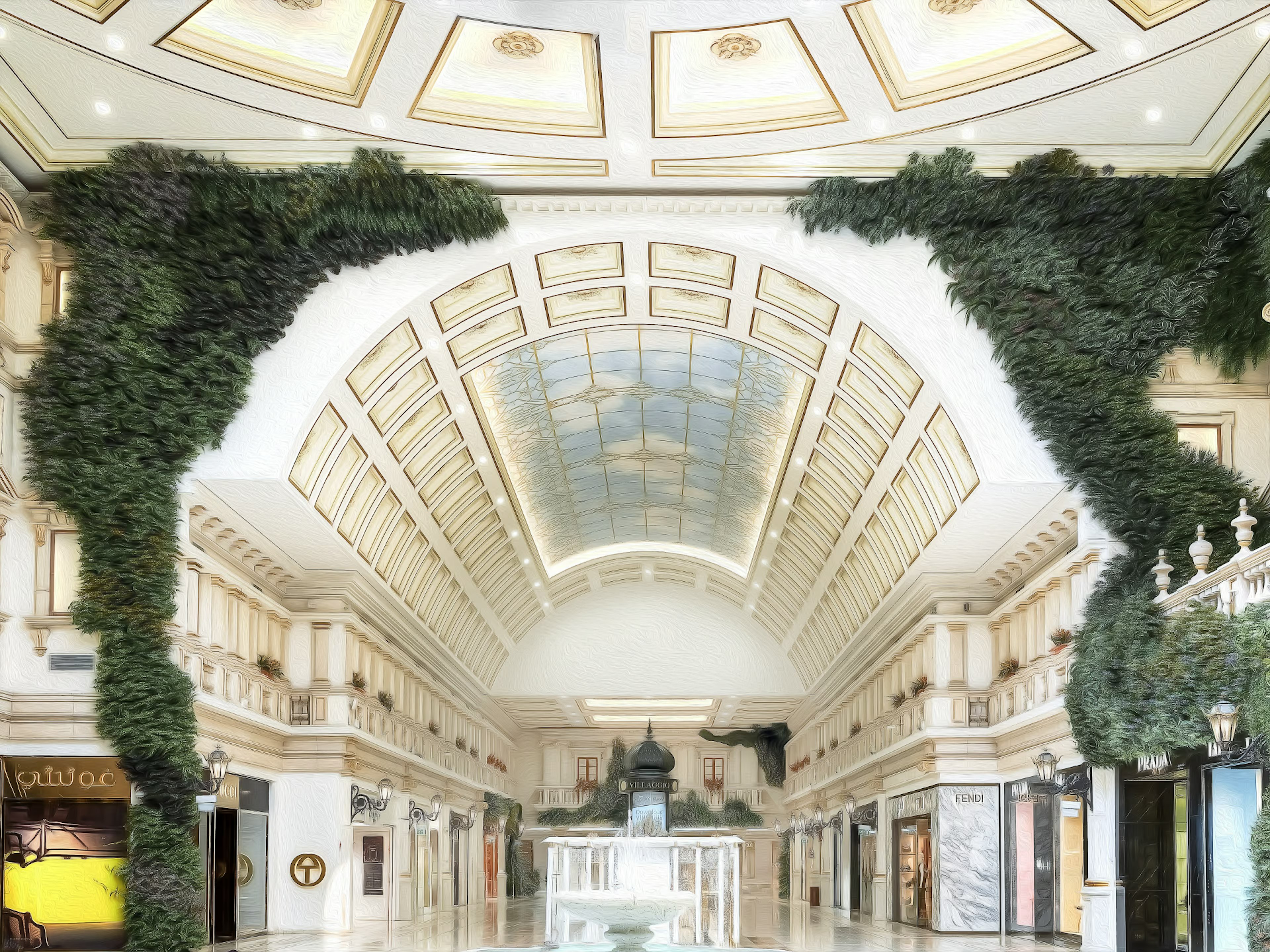 Luxurious shopping mall interior with decorative green plants on the walls