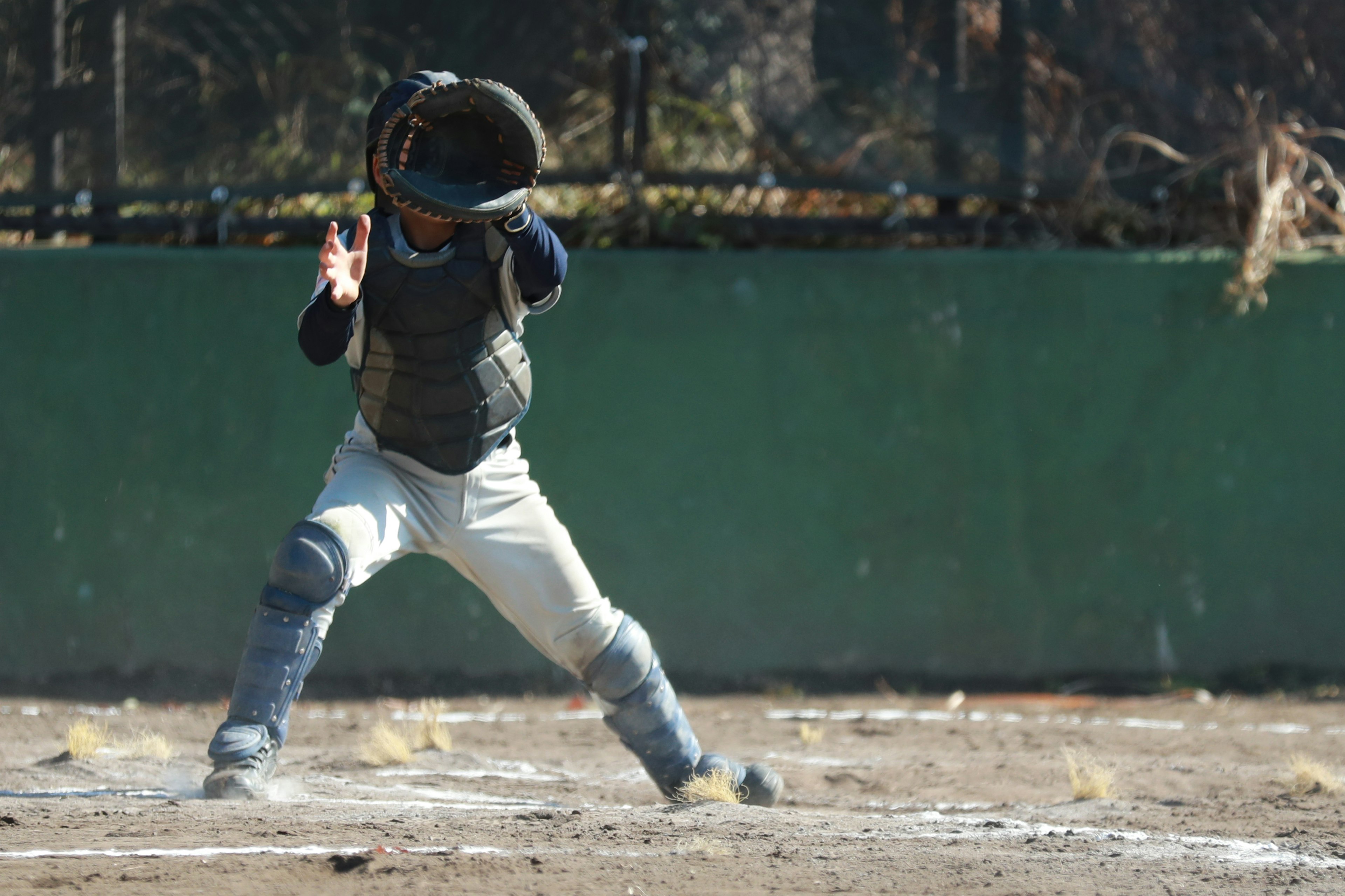 Baseballfänger in Position mit Schutzausrüstung auf dem Erdboden