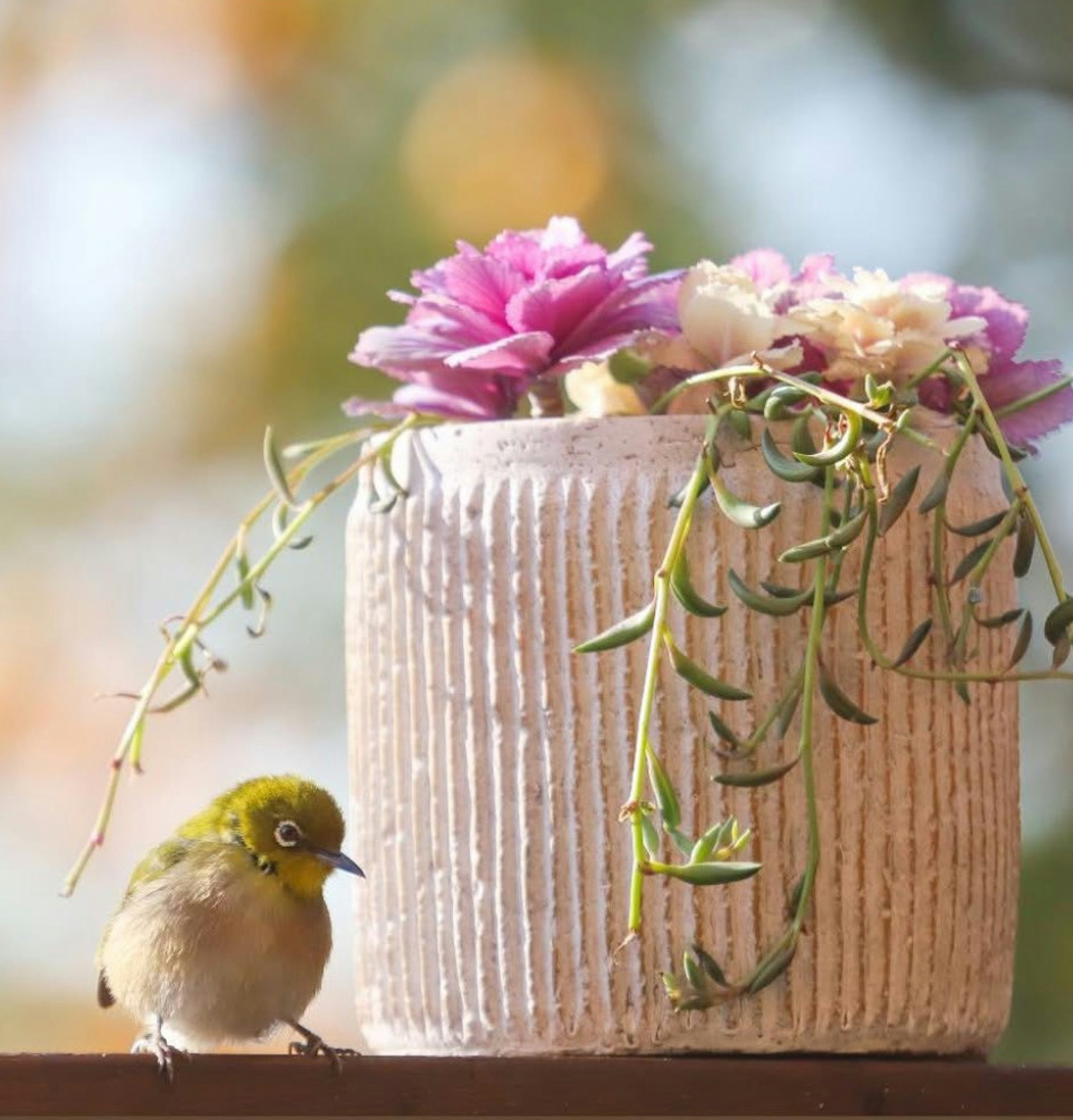 小さな鳥が花瓶の近くにいる画像 鳥は緑色の頭と白い体 花瓶には色とりどりの花が飾られている