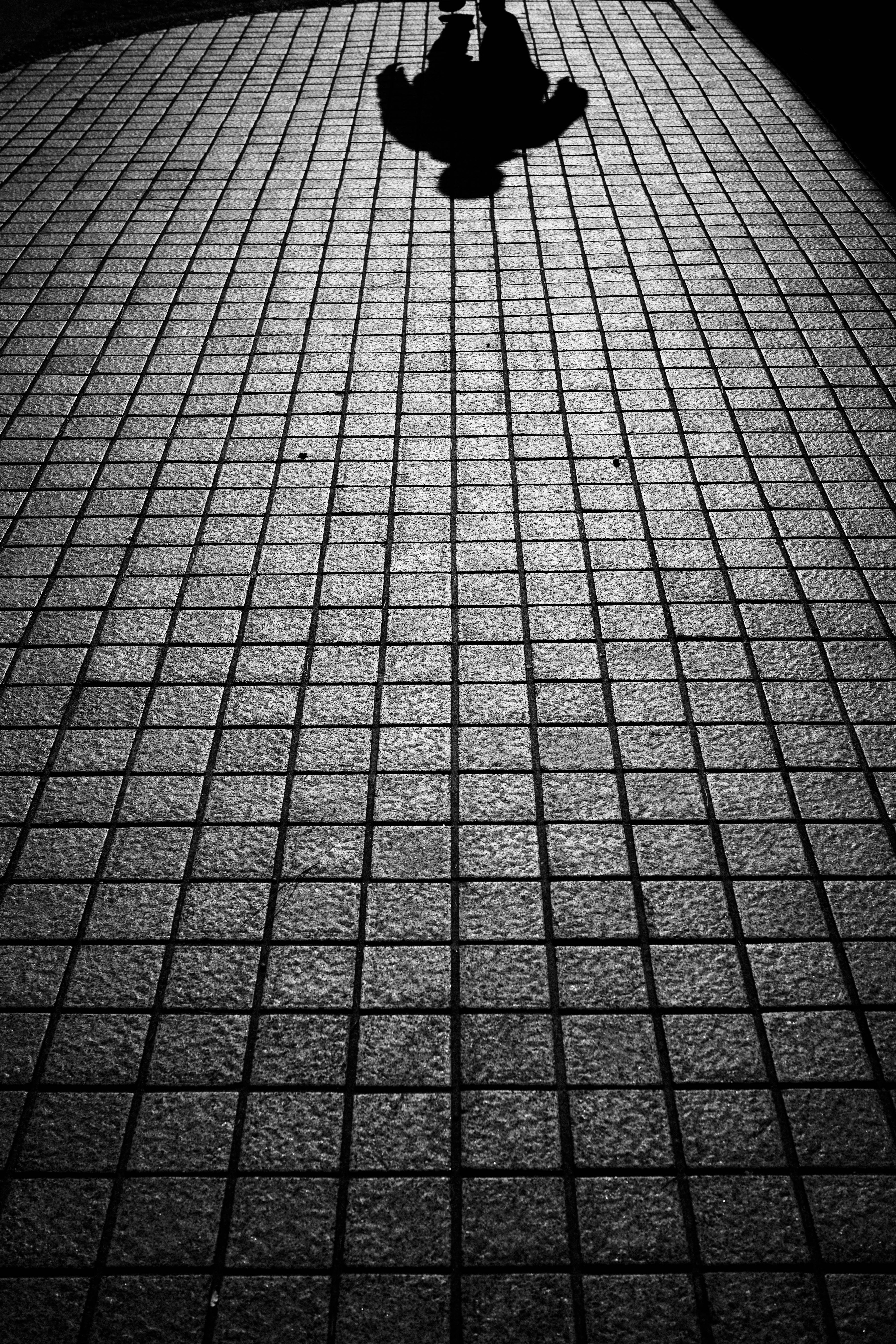 Silhouette of a person casting a shadow on a textured tiled surface in black and white