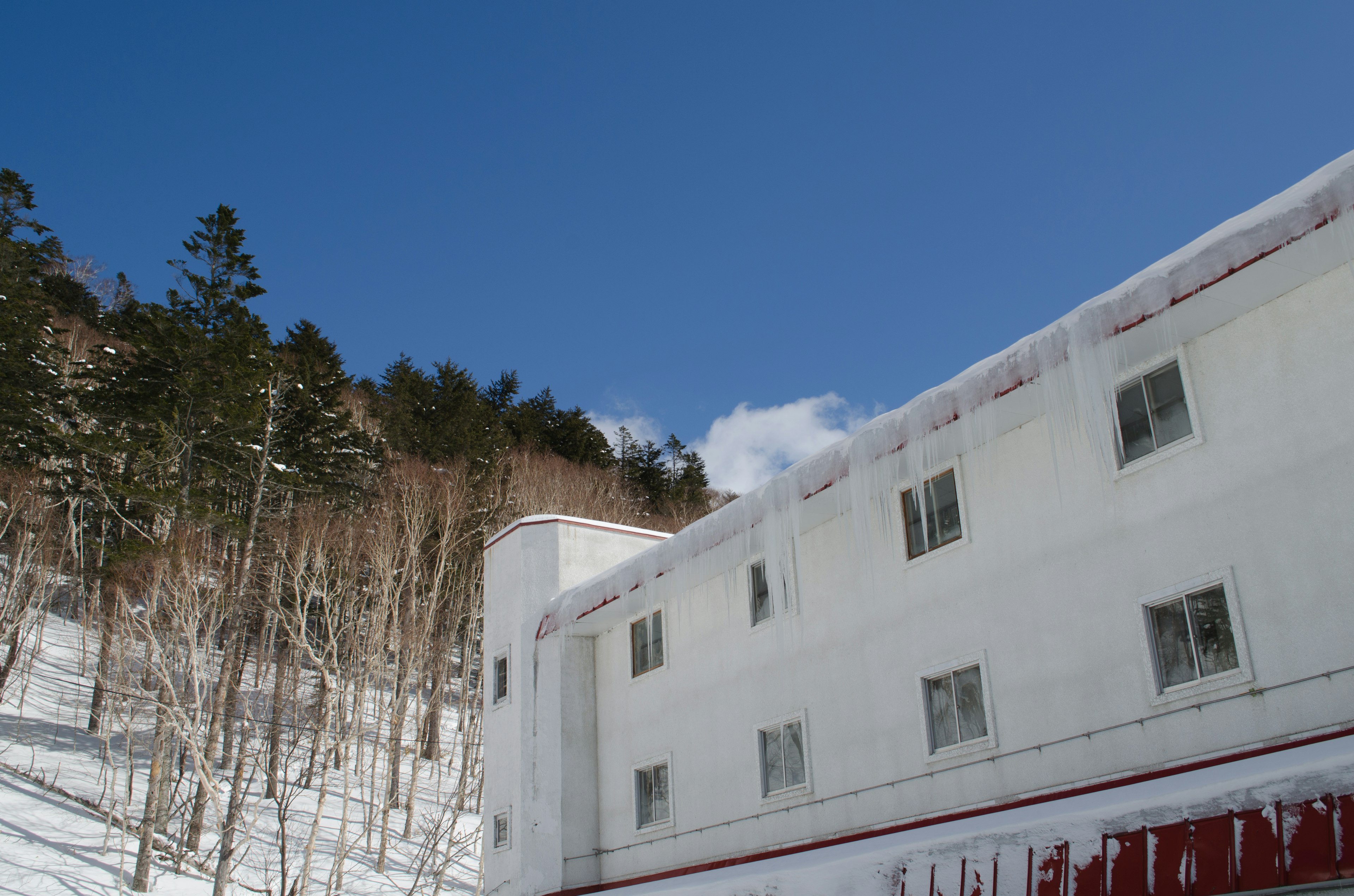 Edificio coperto di neve con cielo blu chiaro