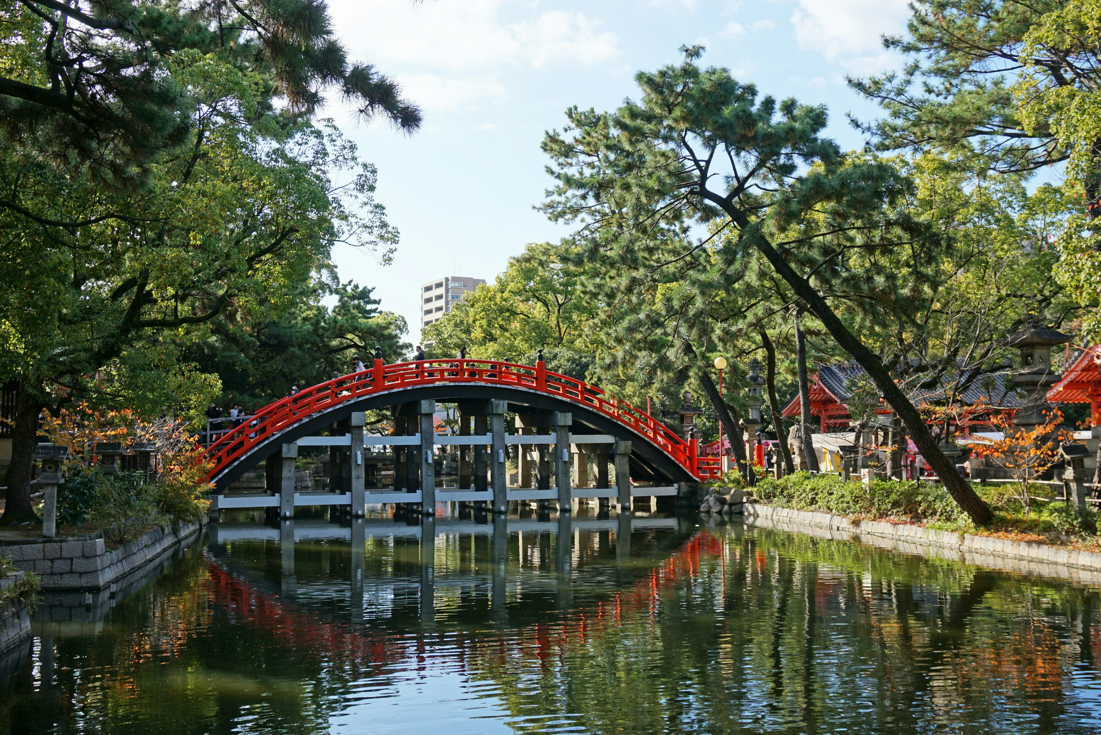 ทิวทัศน์ที่สวยงามของสะพานสีแดงข้ามบึงสงบในสวนที่มีความเขียวขจี