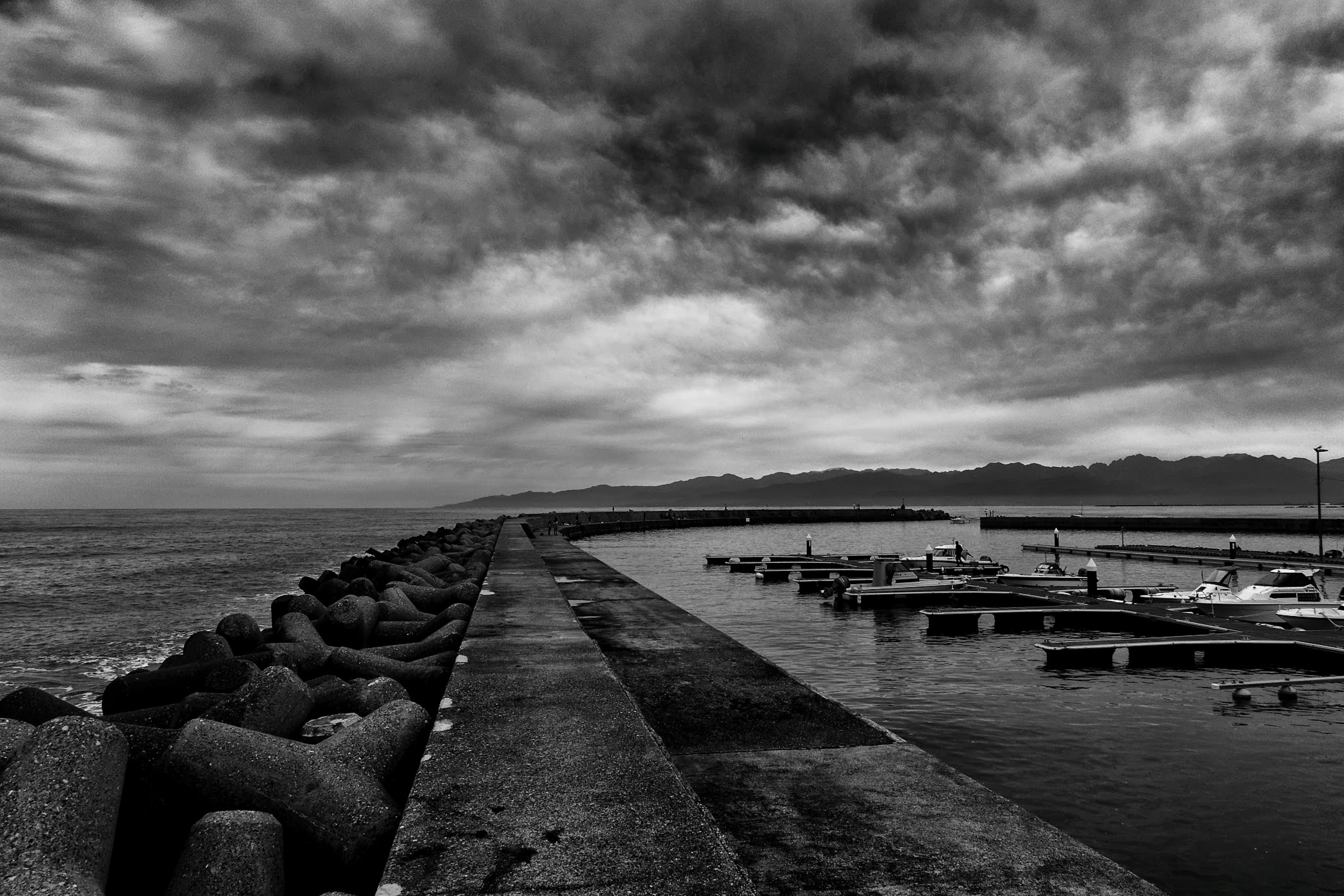 Black and white harbor scene featuring a pier and moored boats