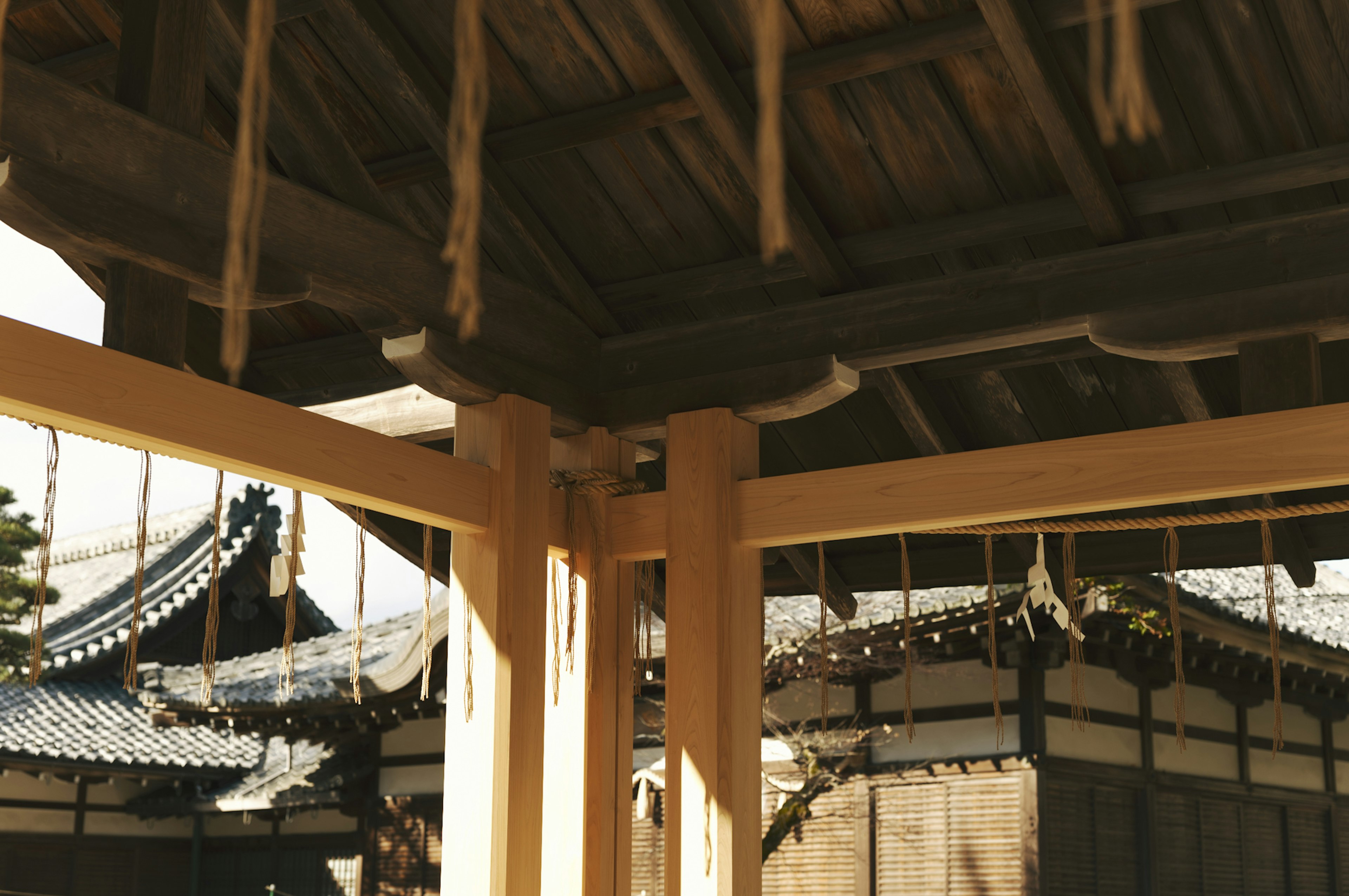 View of traditional Japanese architectural roof and column structure