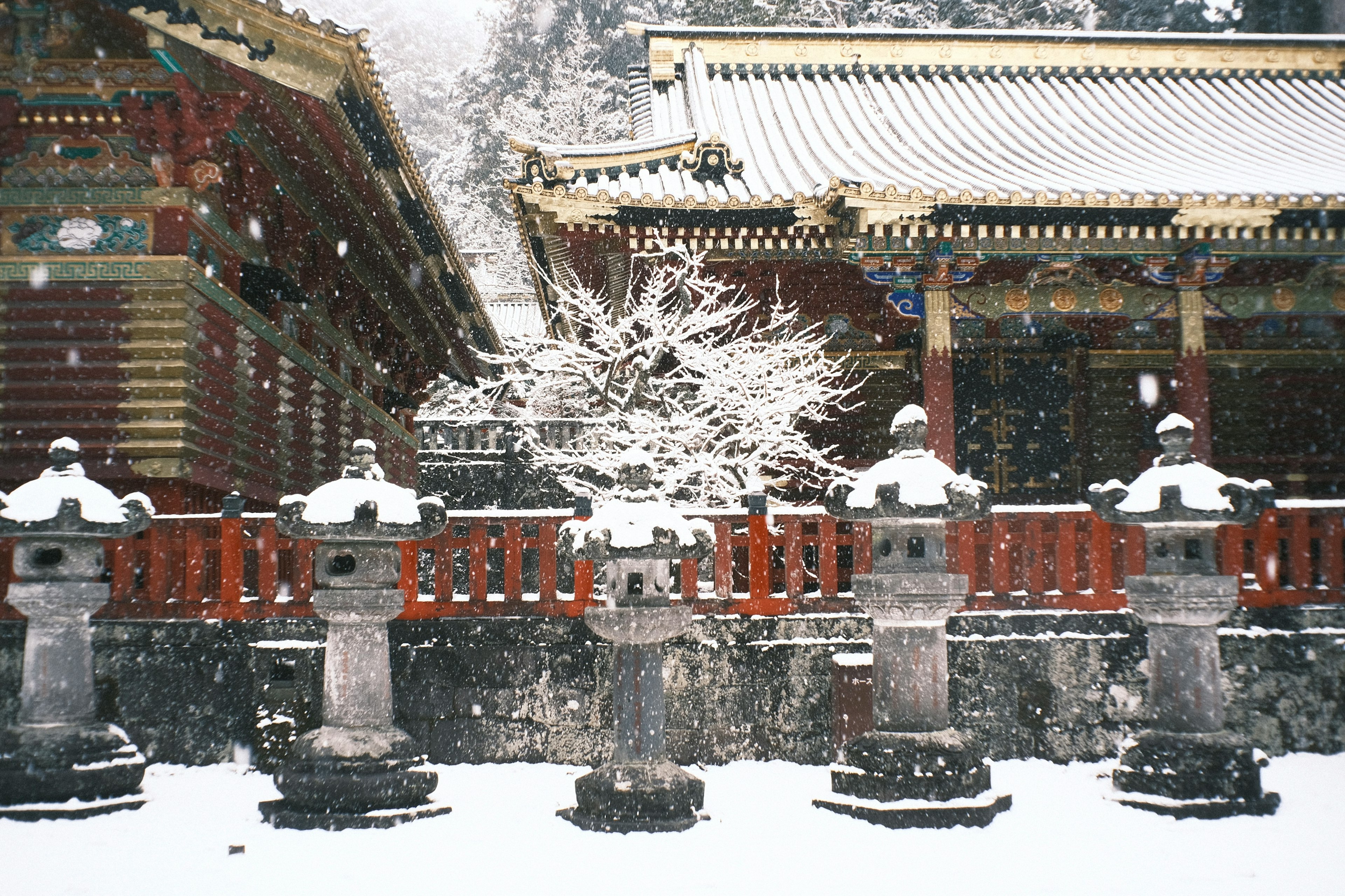 Snow-covered temple scene with stone lanterns