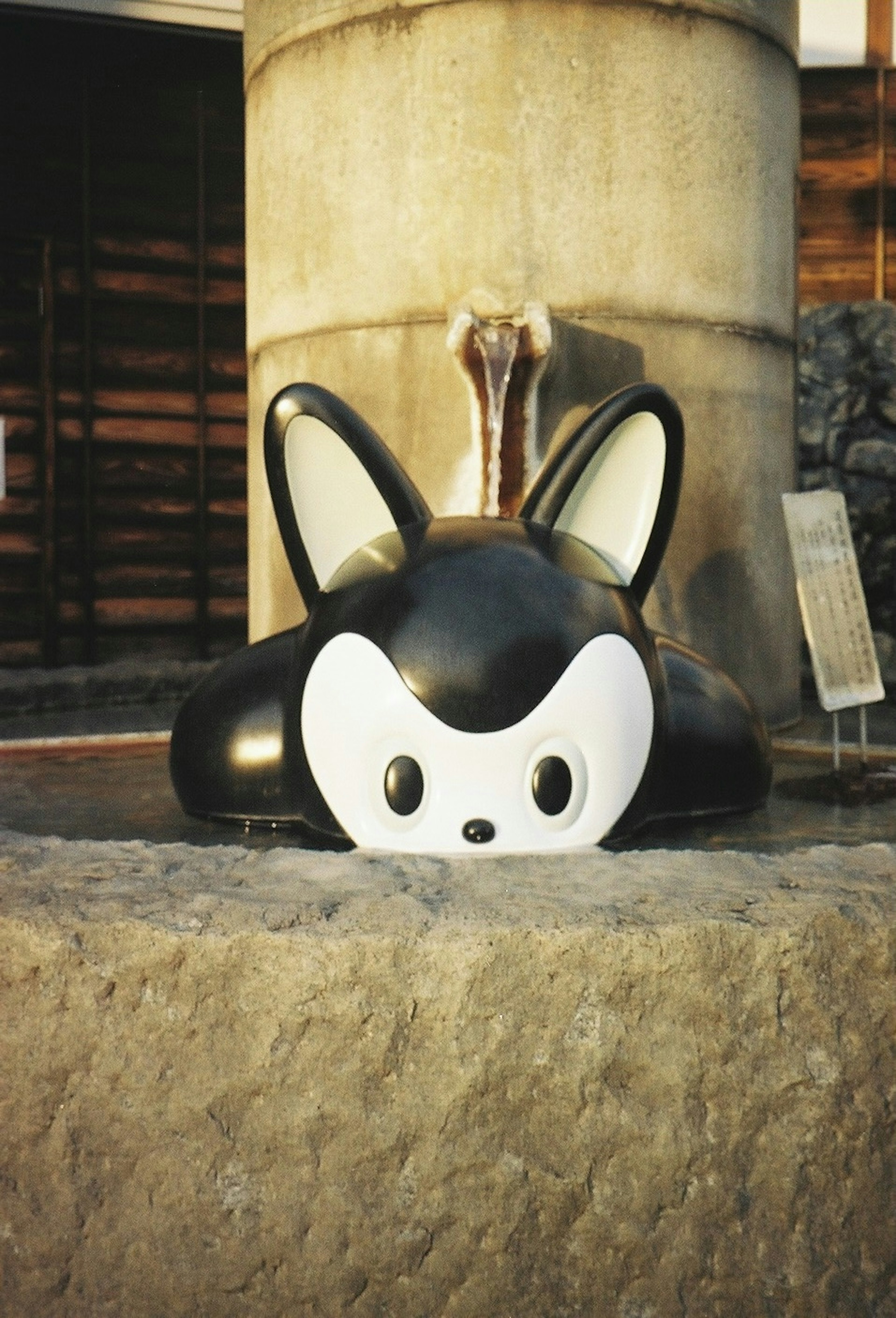 Cute black and white character resting on a stone