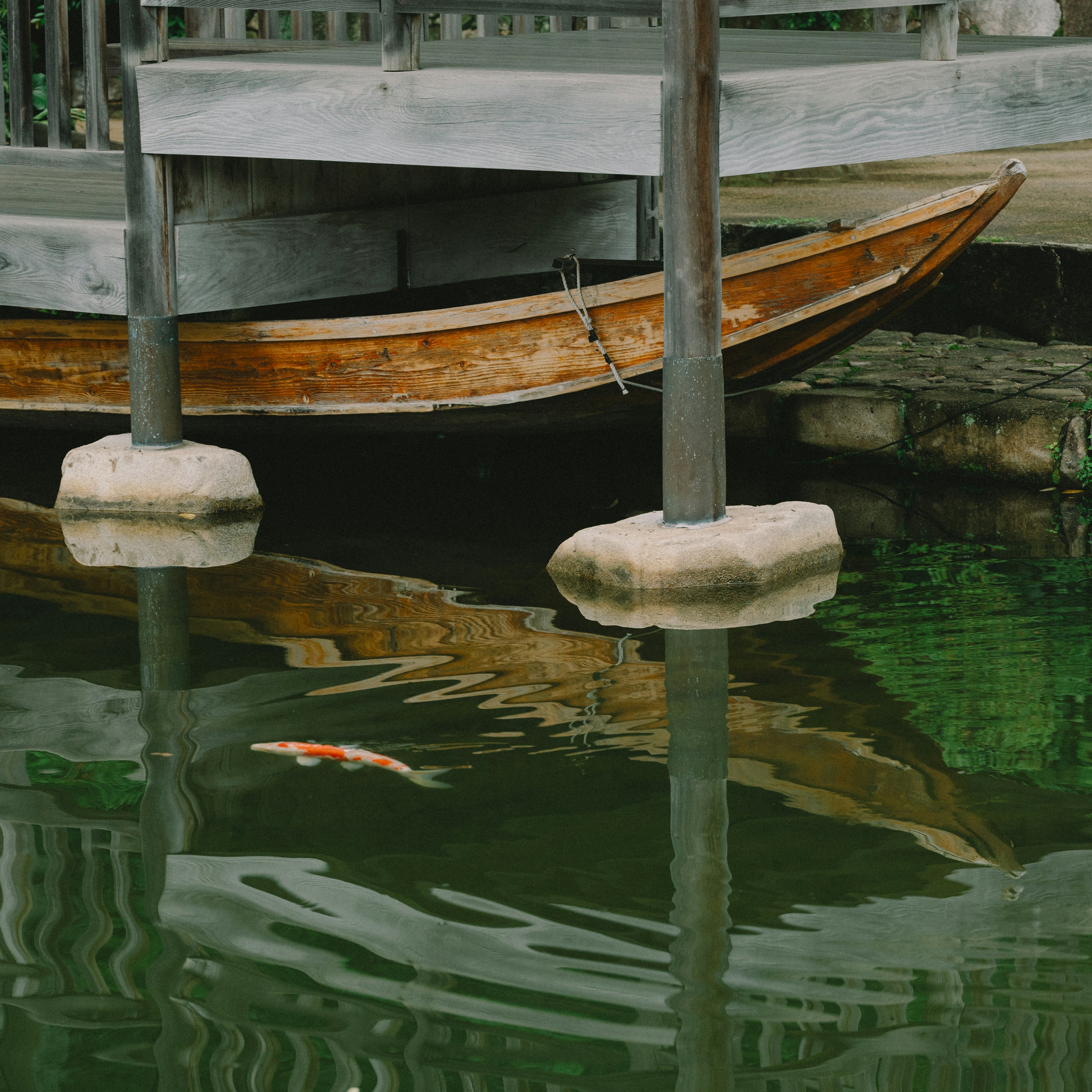 Eine ruhige Teichszene mit Koi-Fischen und Reflexionen eines Holzbootes