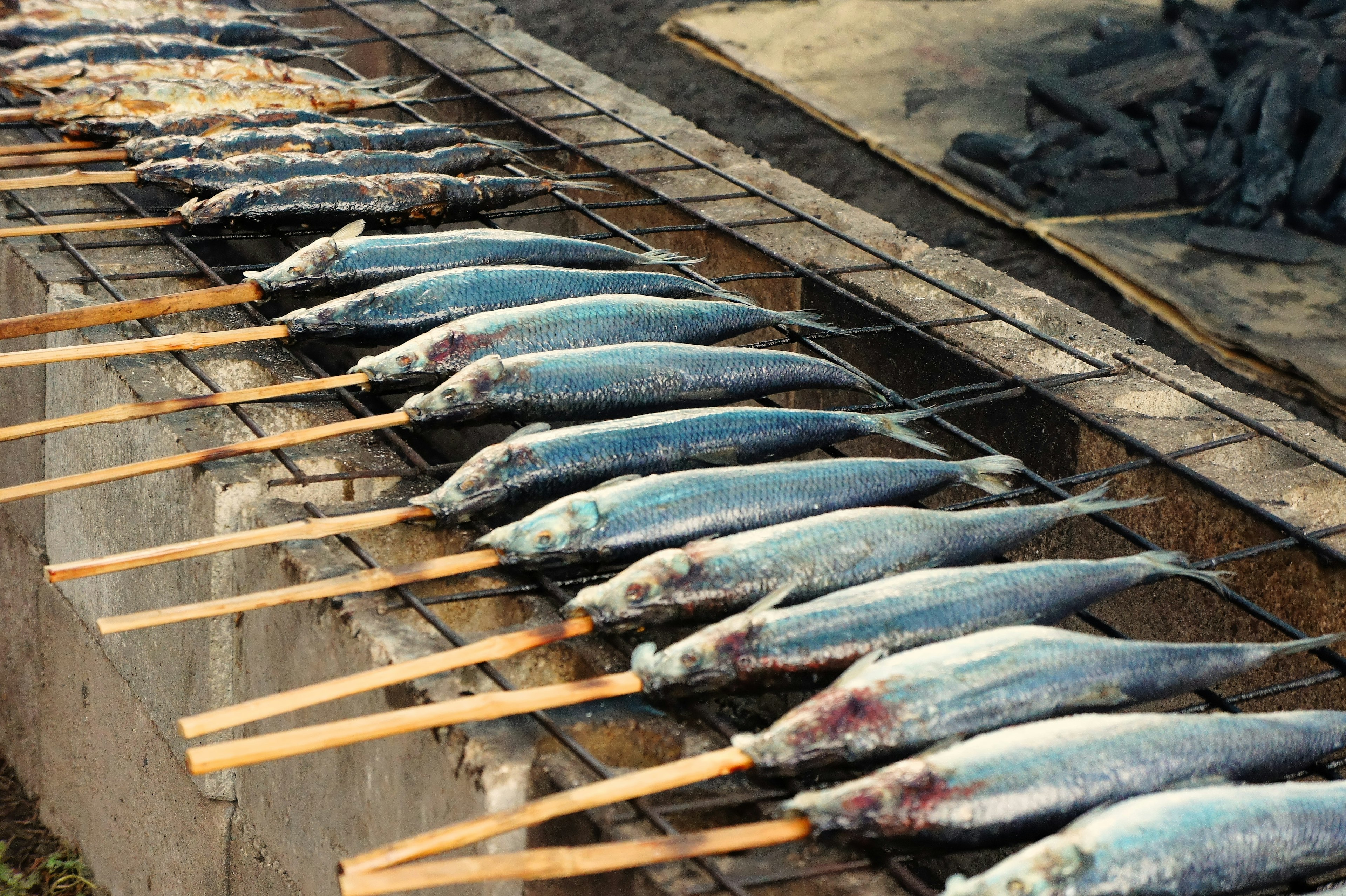 Poissons grillés en brochette disposés sur un support