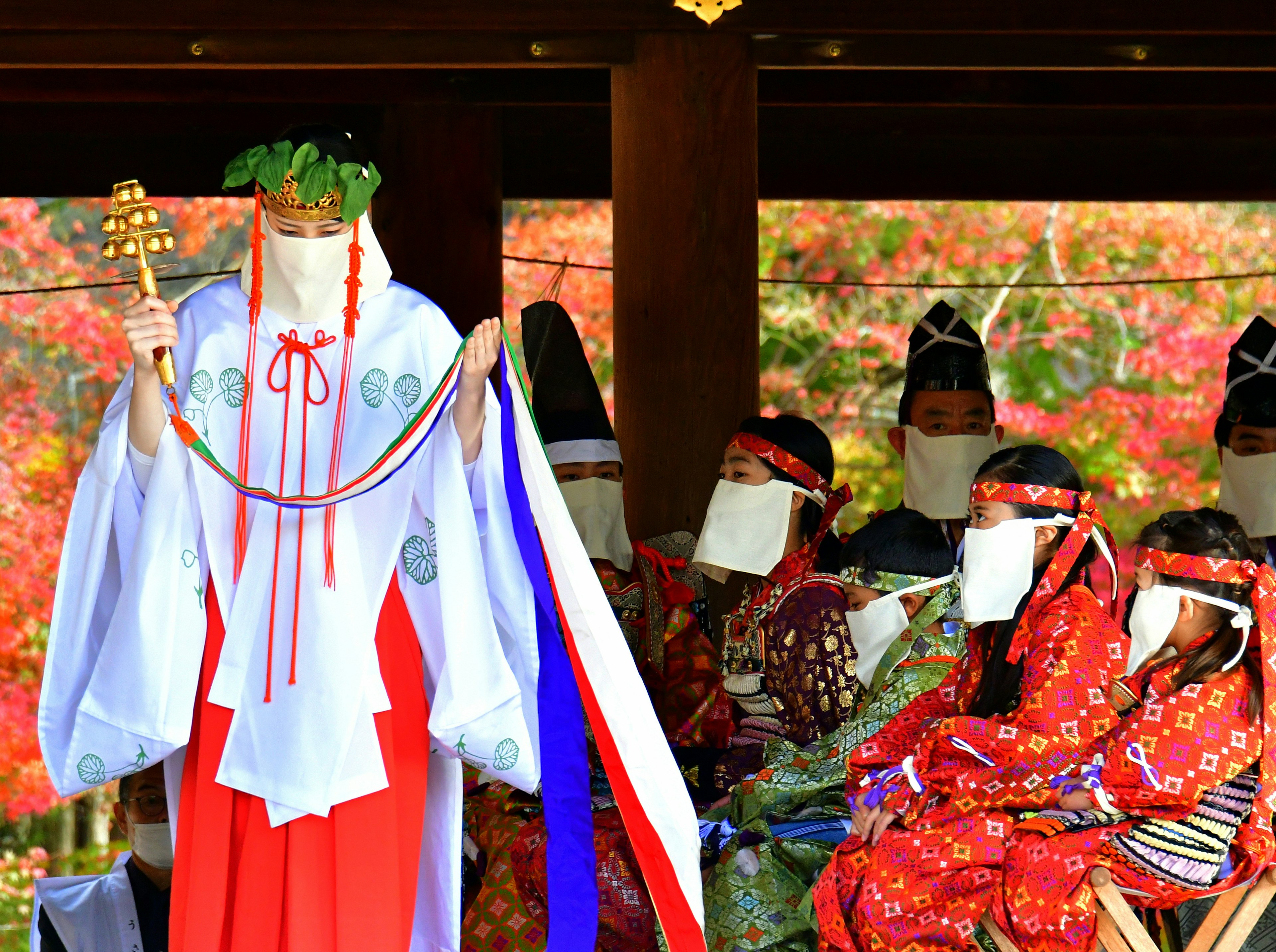 전통 축제 의상을 입은 사람들이 신사에서 모여 화려한 가을 잎을 배경으로 의식을 수행하고 있다