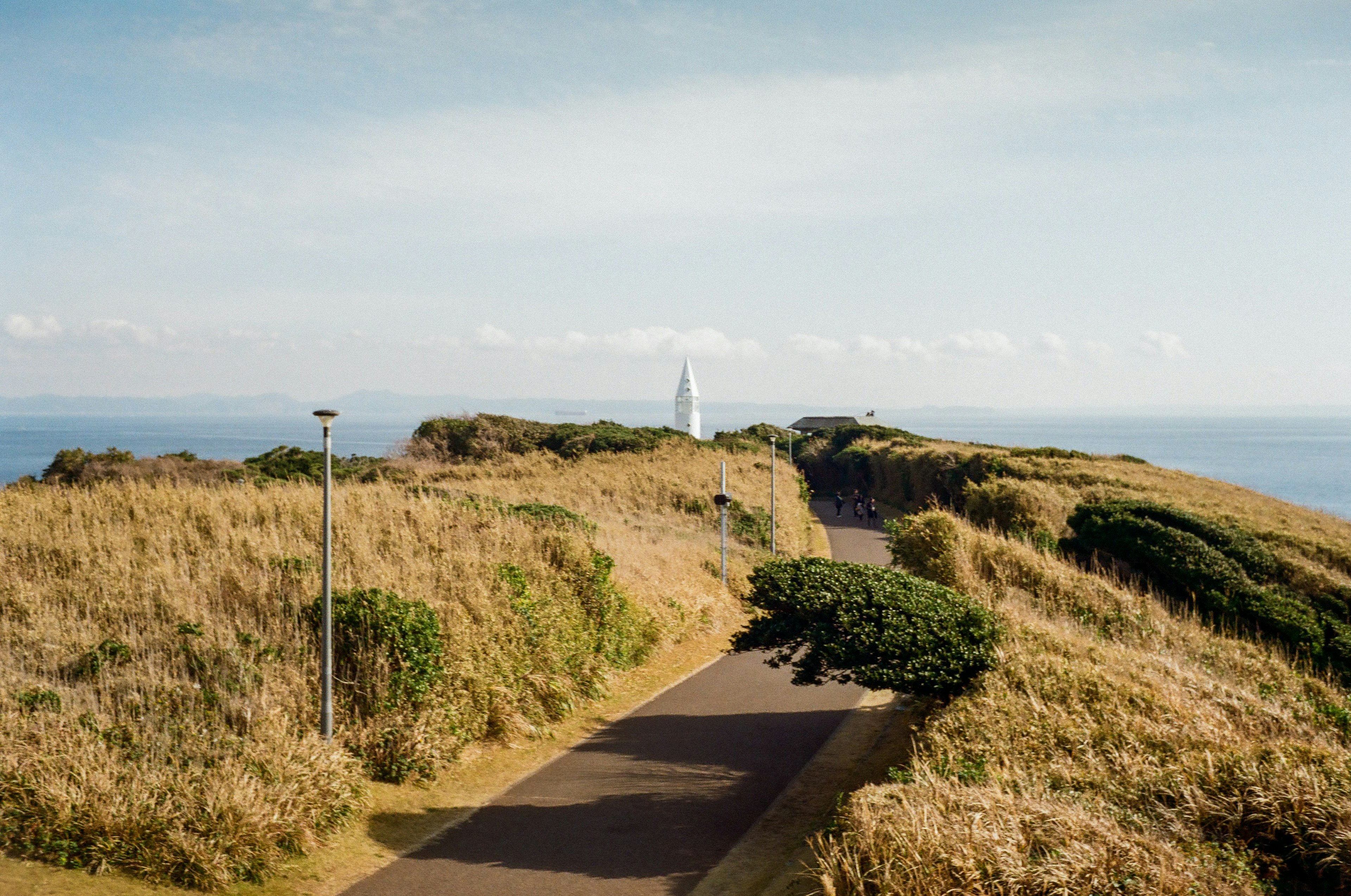 Scenic view of a pathway leading to a lighthouse on a grassy hill by the sea