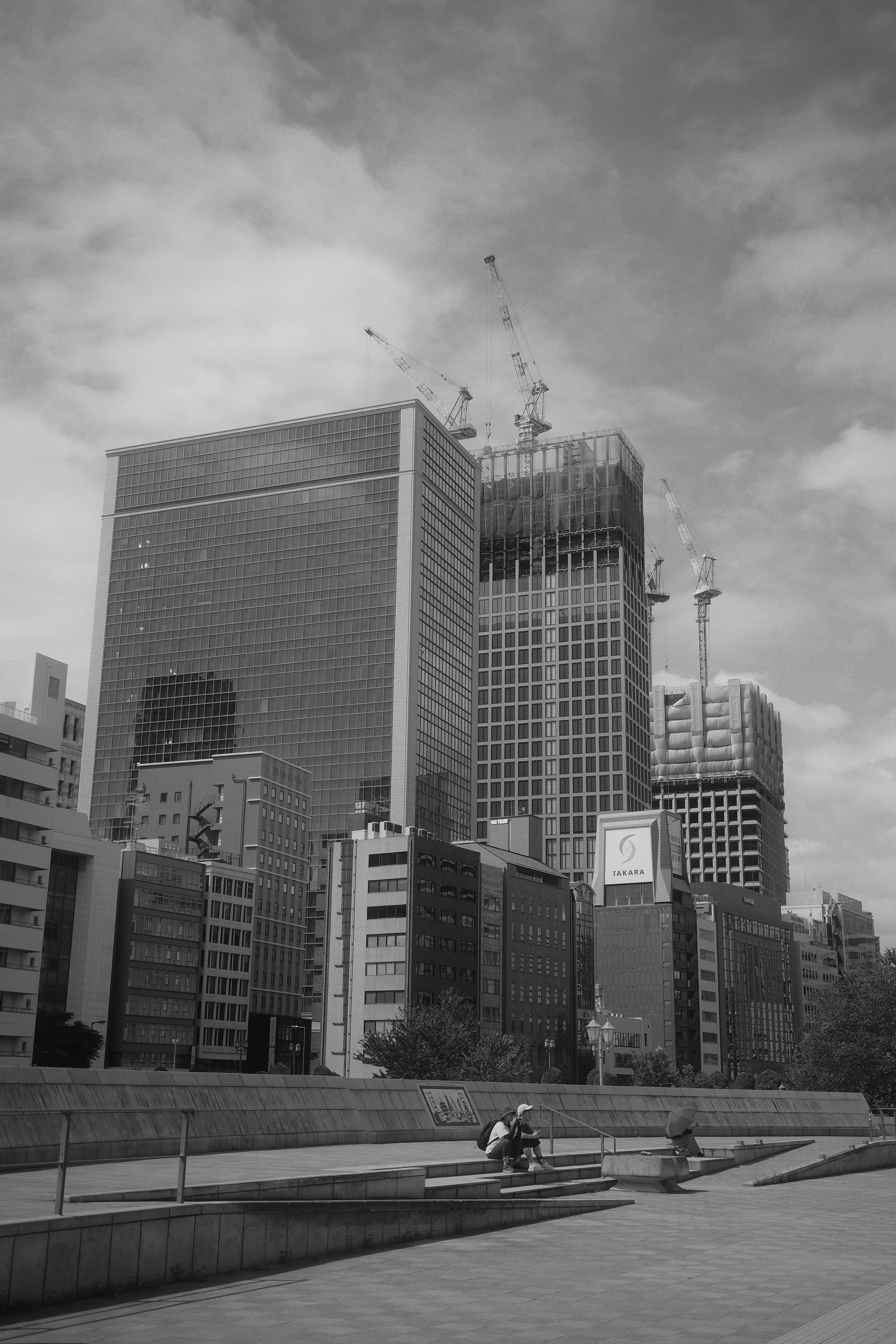 Paisaje urbano en blanco y negro con rascacielos y construcción en curso