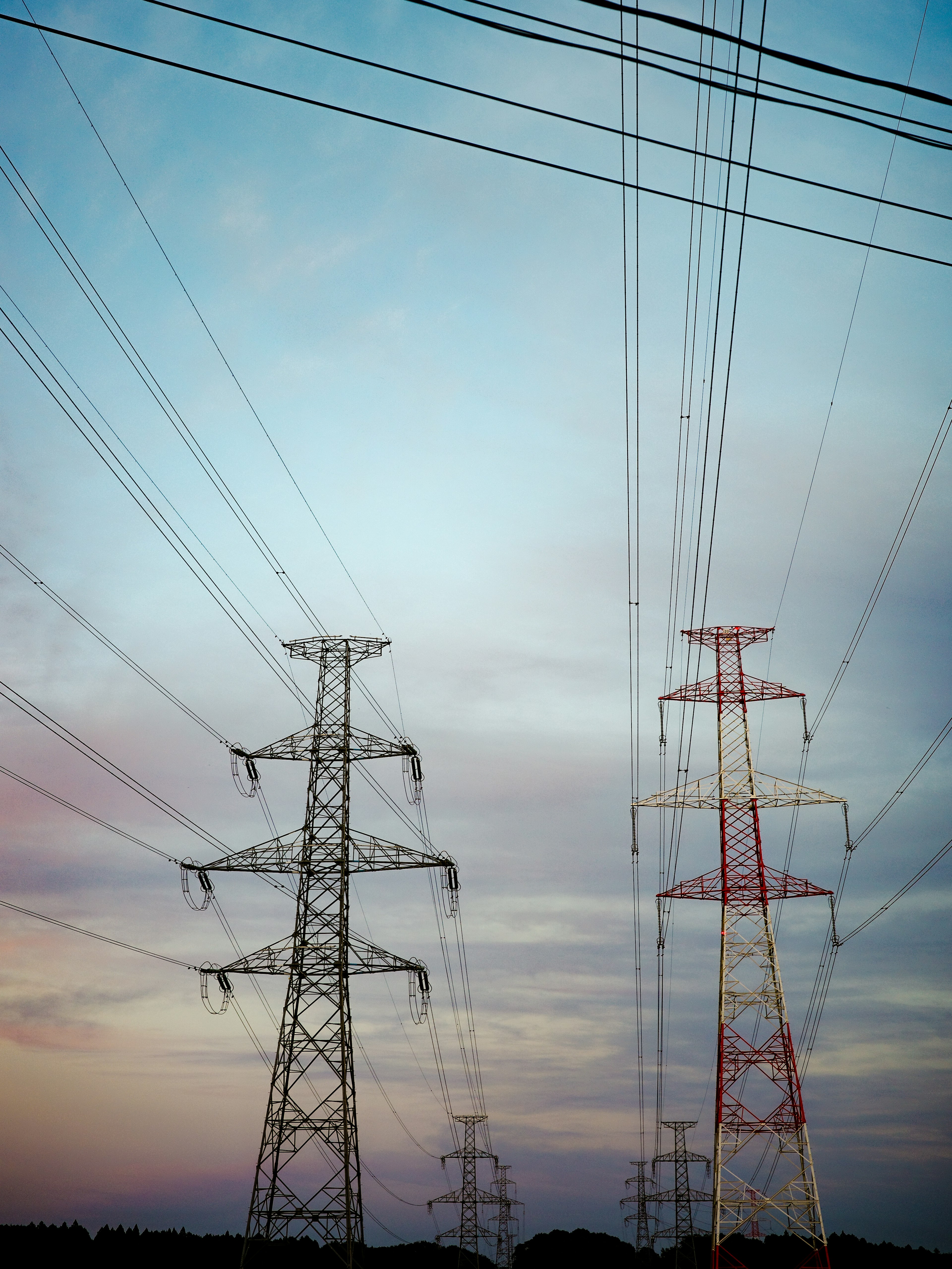 電柱と電線が空に伸びる風景の写真