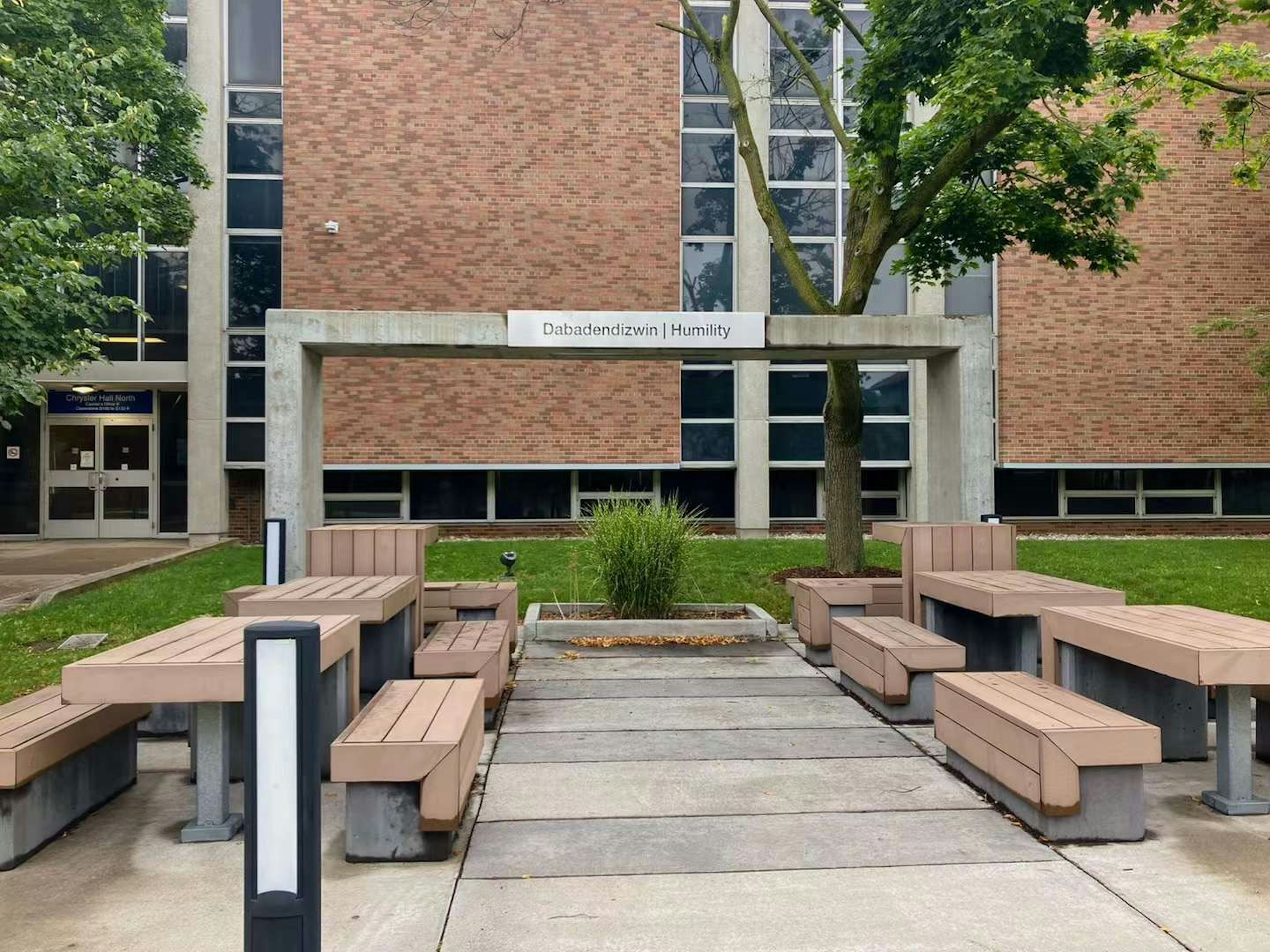 Disposición de bancos y mesas de madera frente a un edificio escolar