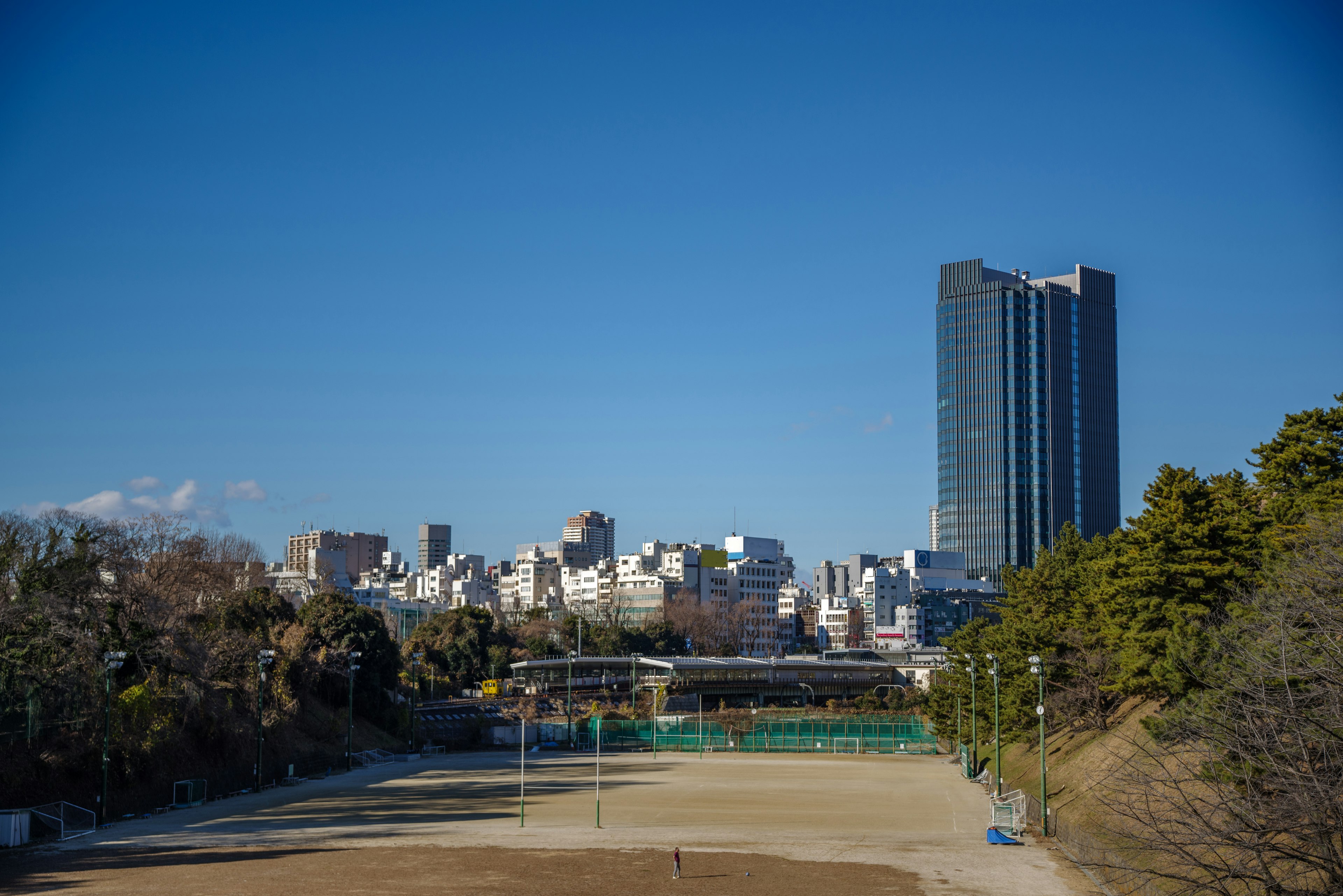 Paisaje urbano bajo un cielo azul con un rascacielos y un parque