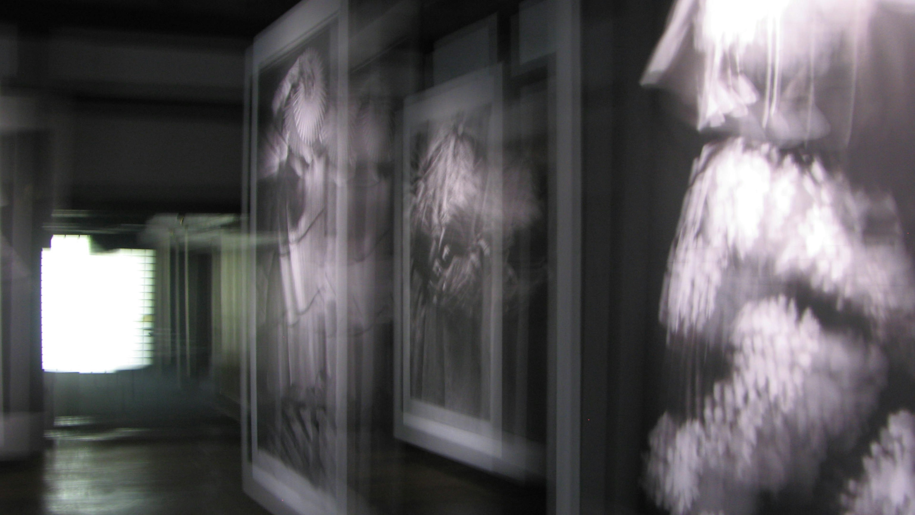 Blurred black and white art pieces displayed in an indoor hallway