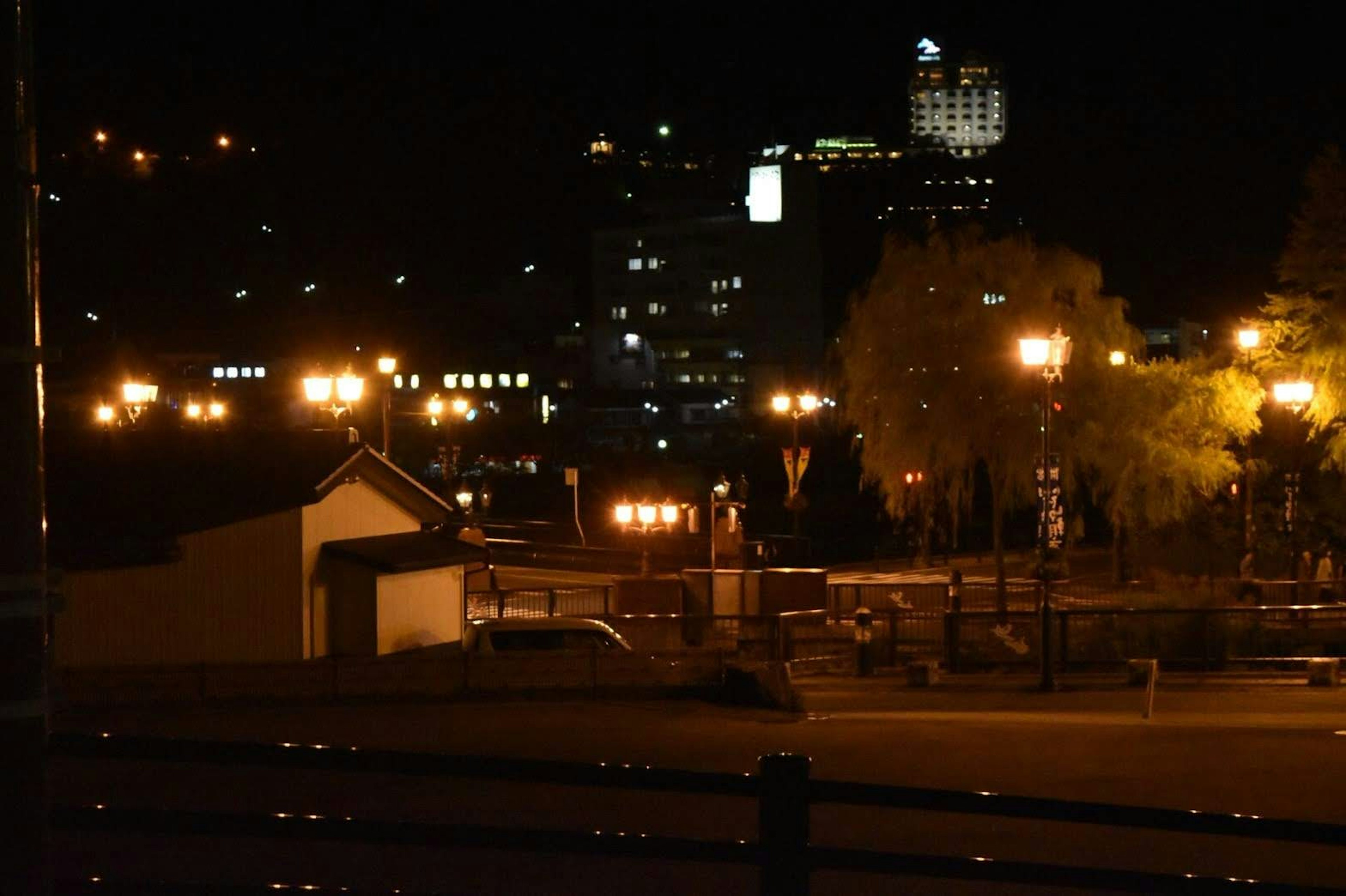 夜景の街並みと公園の街灯が映る風景