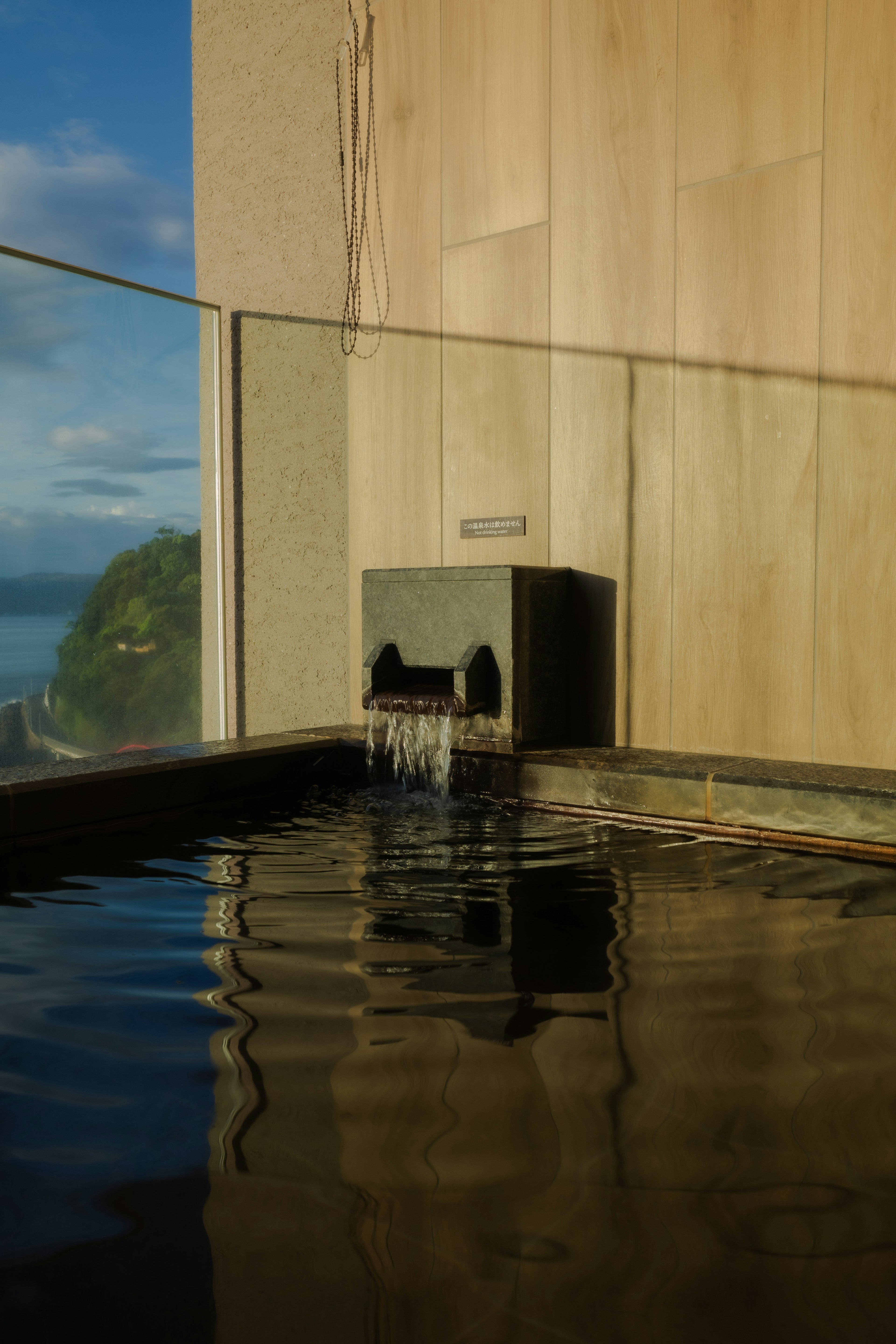 Caratteristica della piscina a sfioro con acqua che scorre e vista panoramica