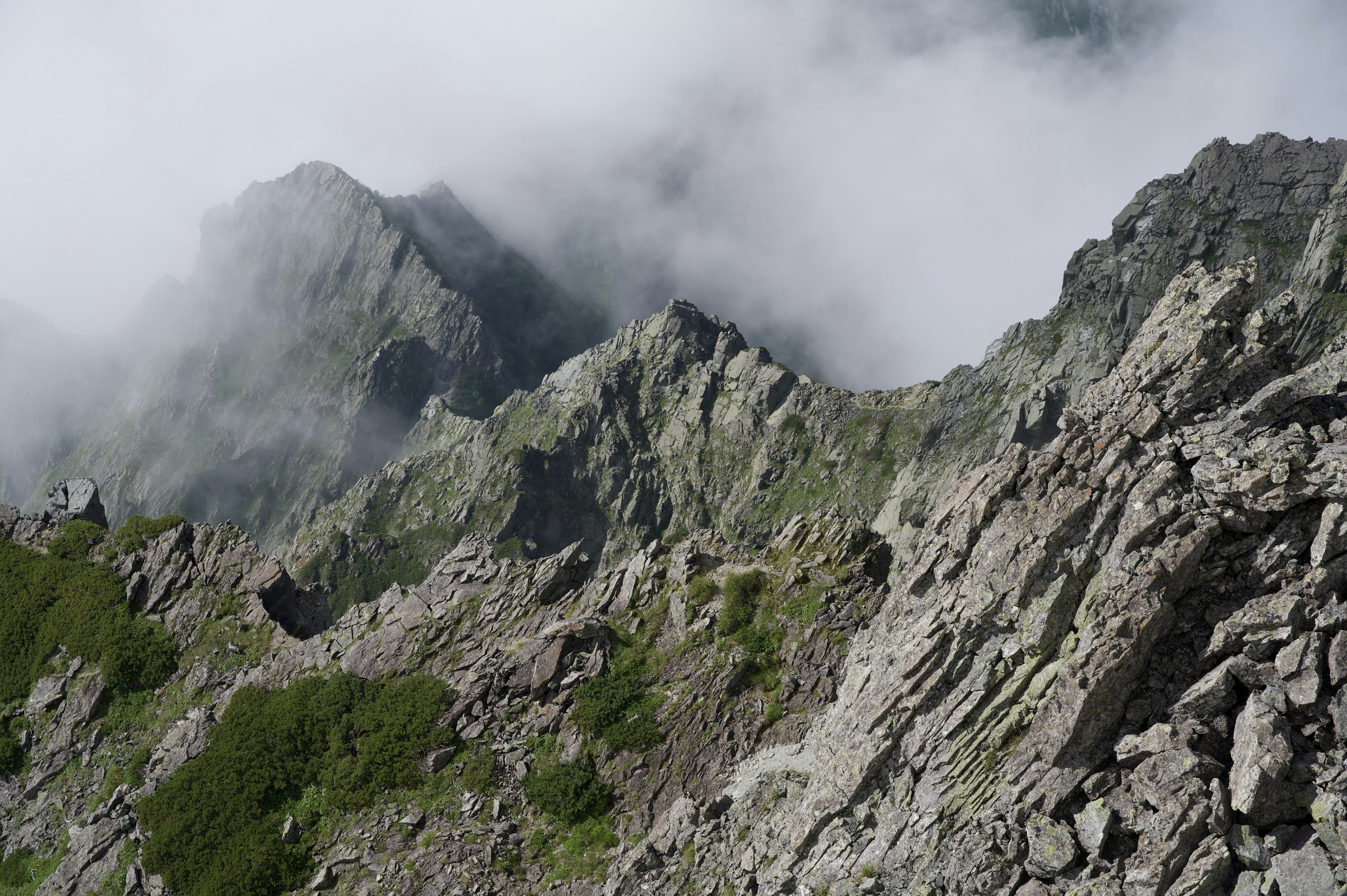 Paesaggio montano drammatico avvolto nella nebbia