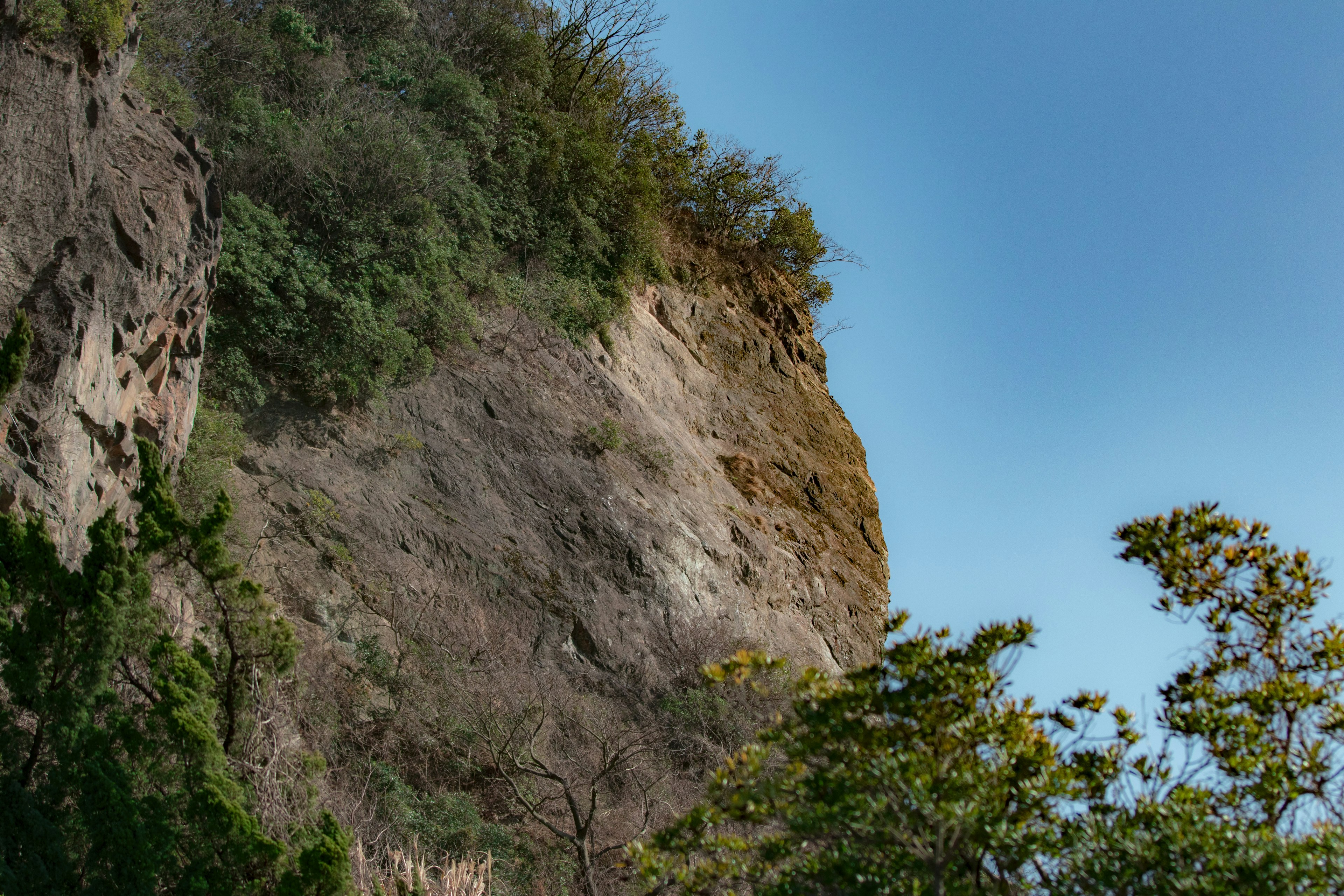 Steile Klippe mit blauem Himmel und umliegenden grünen Bäumen