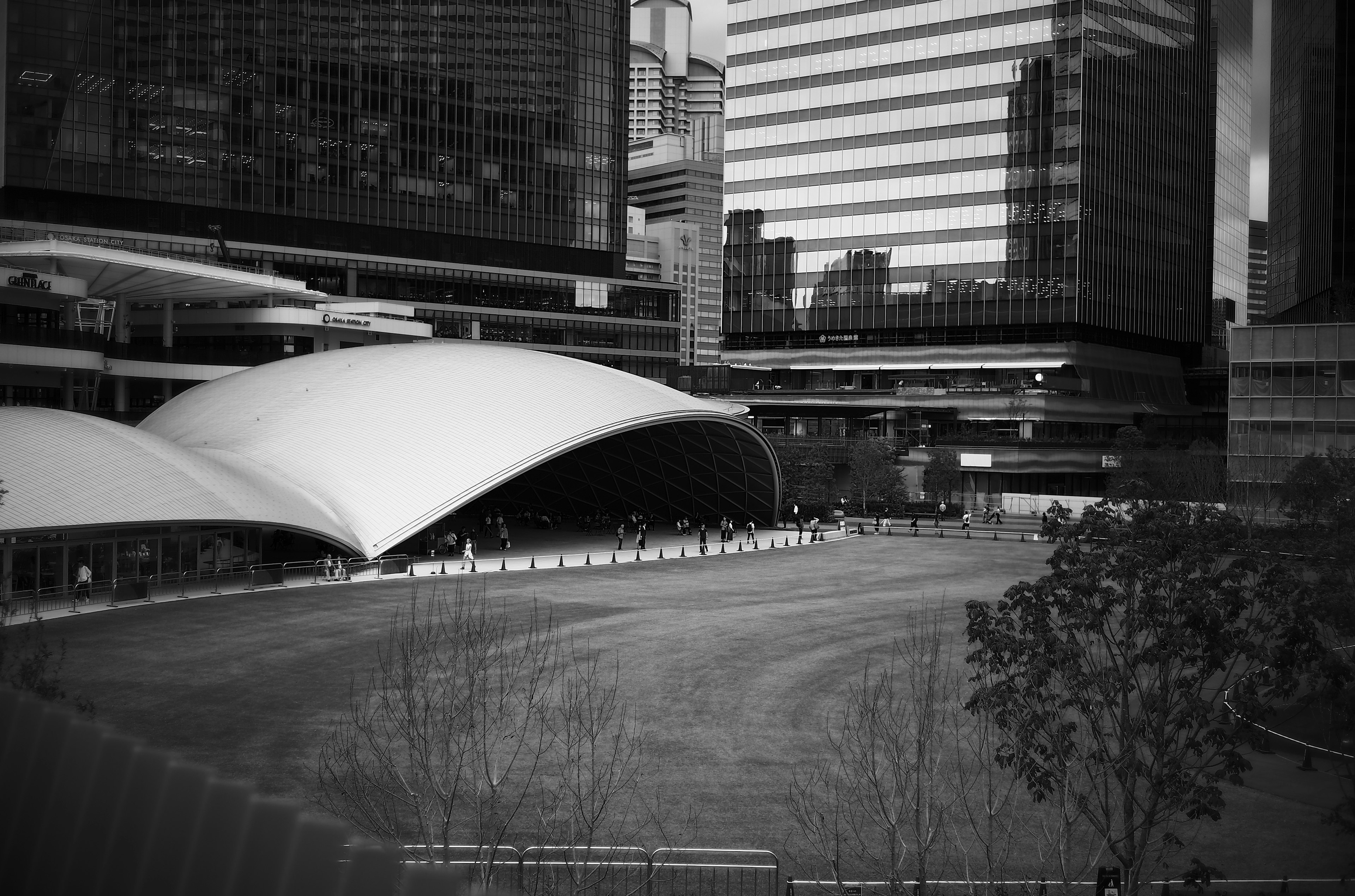 Modern urban landscape featuring curved roof architecture