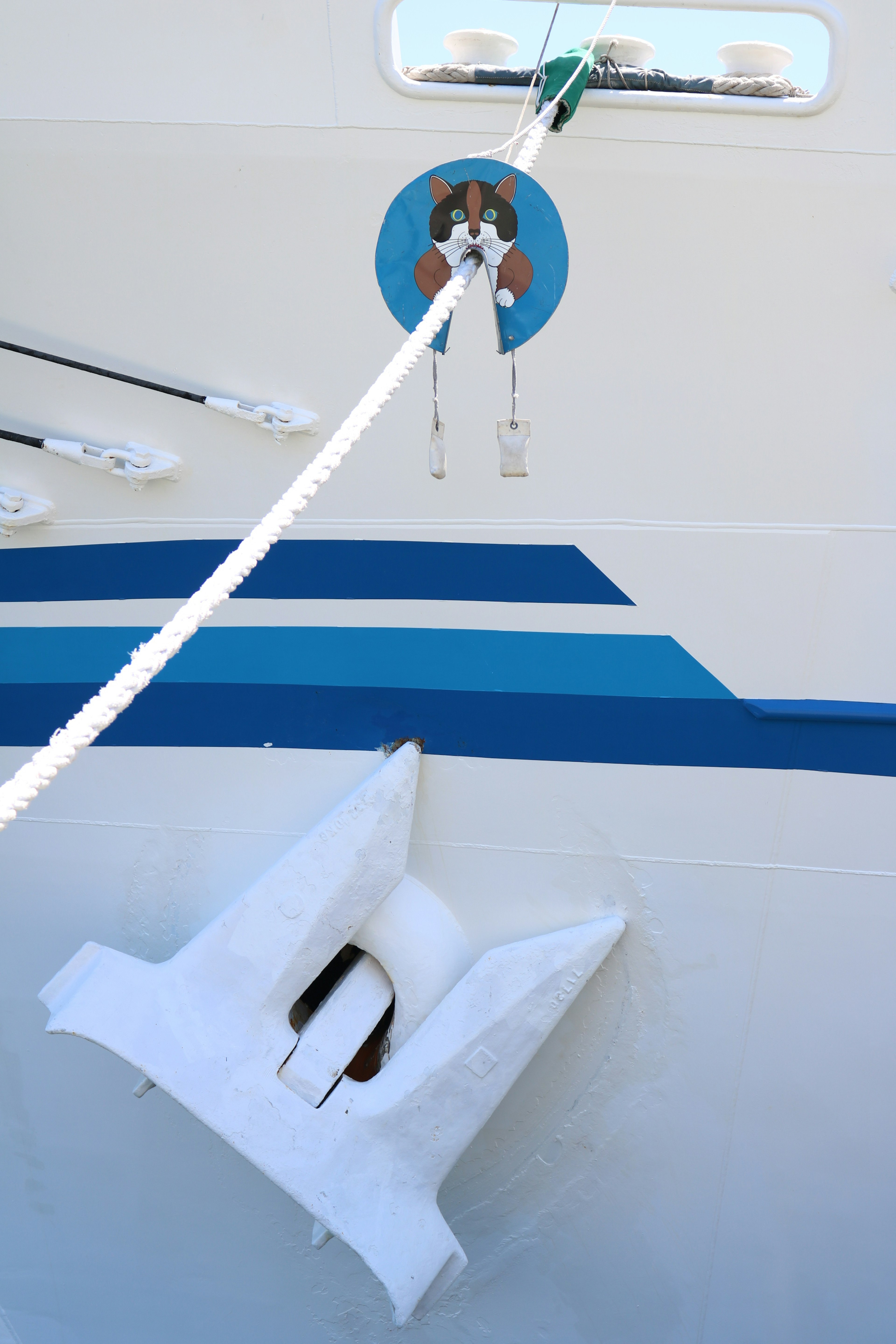 Image featuring a character on the side of a boat with blue stripe design