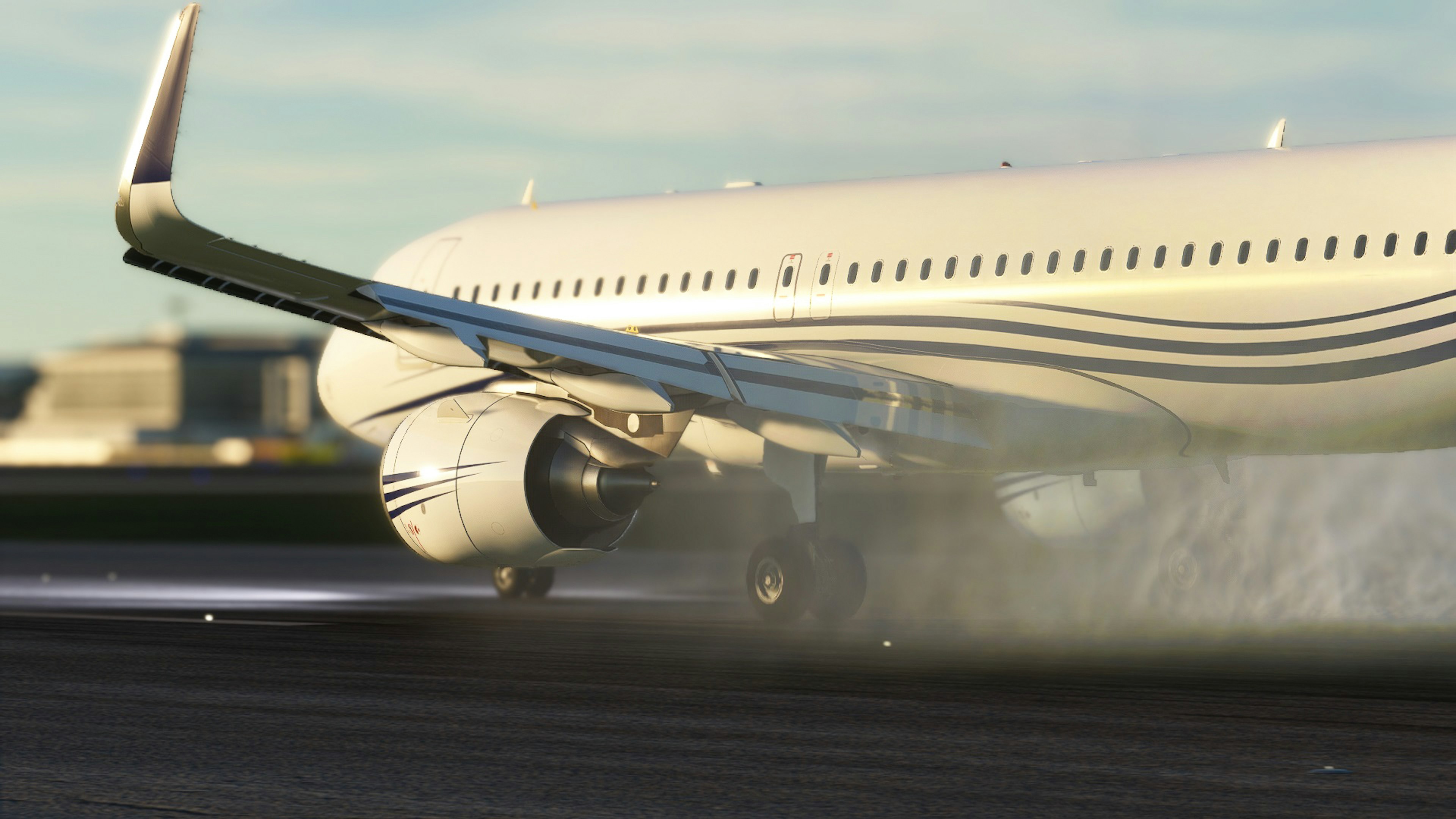 Close-up of an aircraft engine and wing on the runway