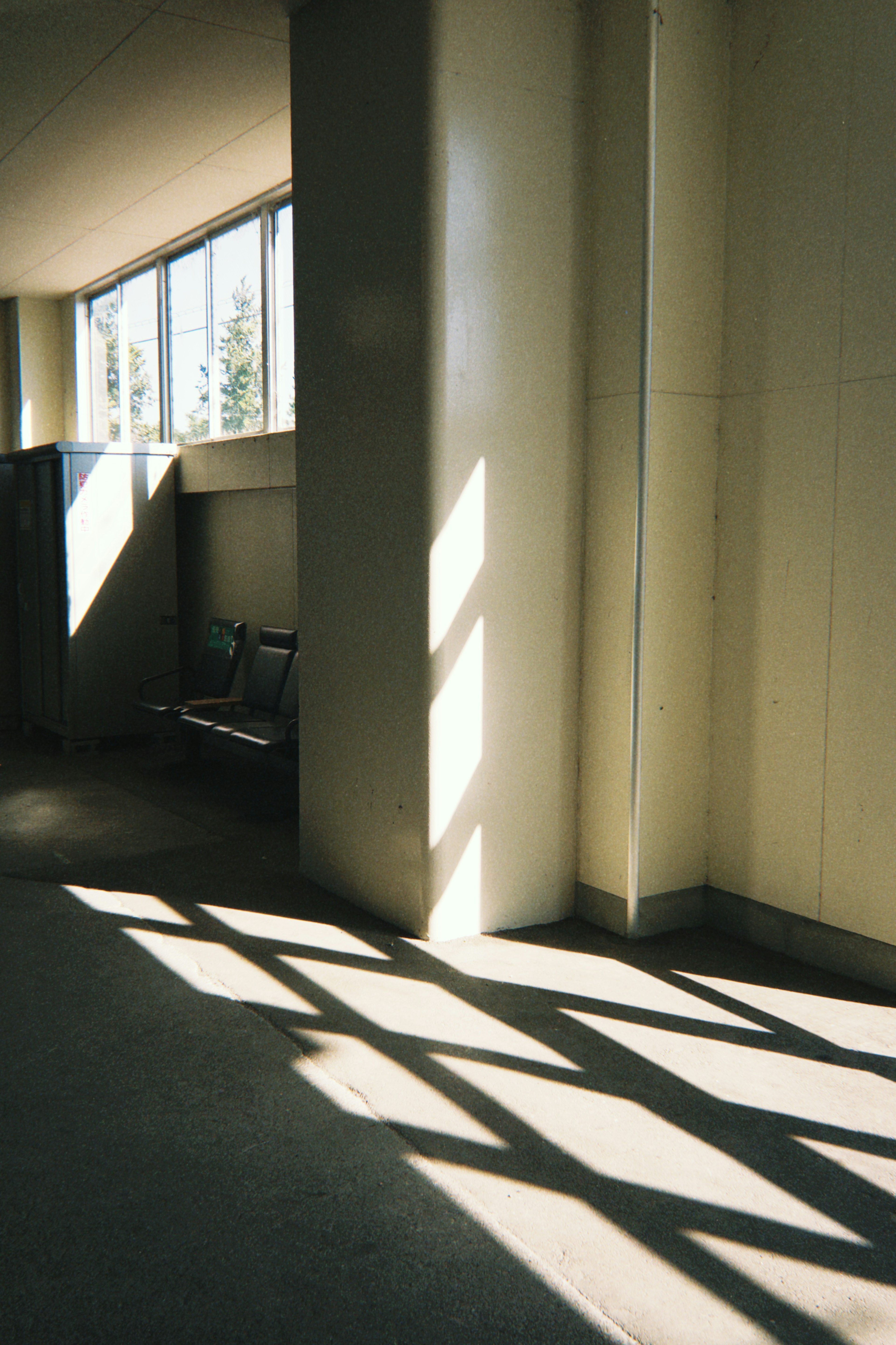 Interior corner with sunlight streaming through windows and a bench