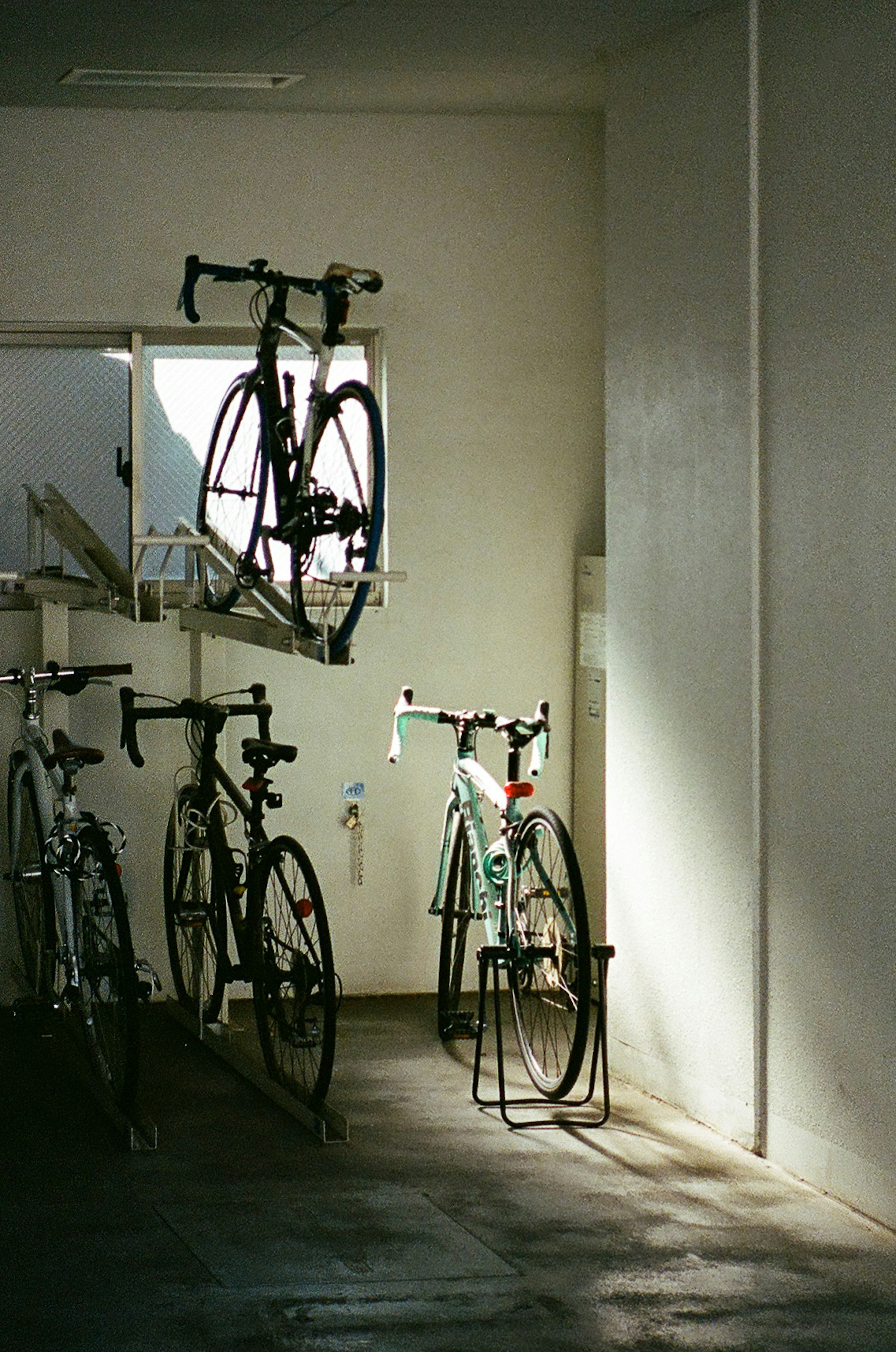 Intérieur d'une pièce avec des vélos montés au mur et de la lumière naturelle qui entre