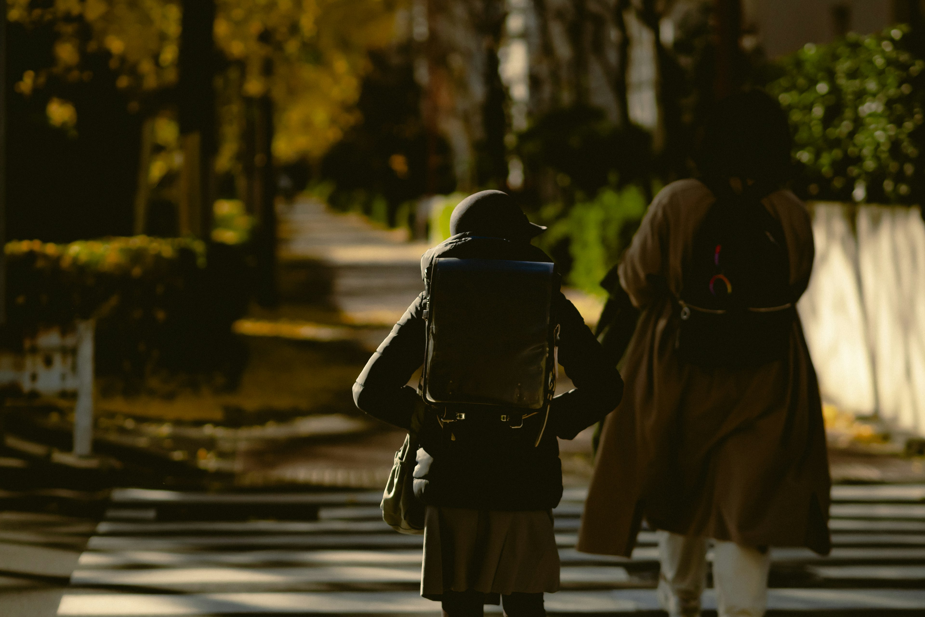 二人の女性が秋の風景の中を歩いている