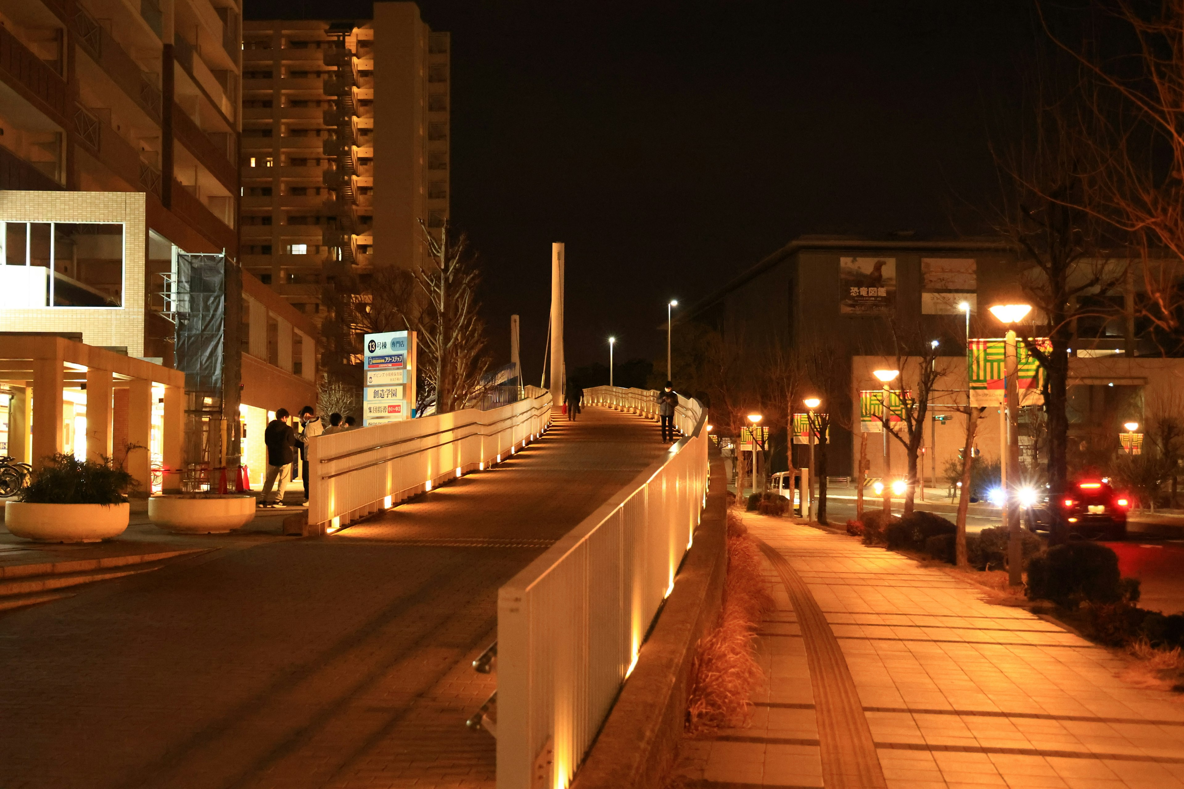 Vue nocturne d'un chemin bien éclairé et de bâtiments