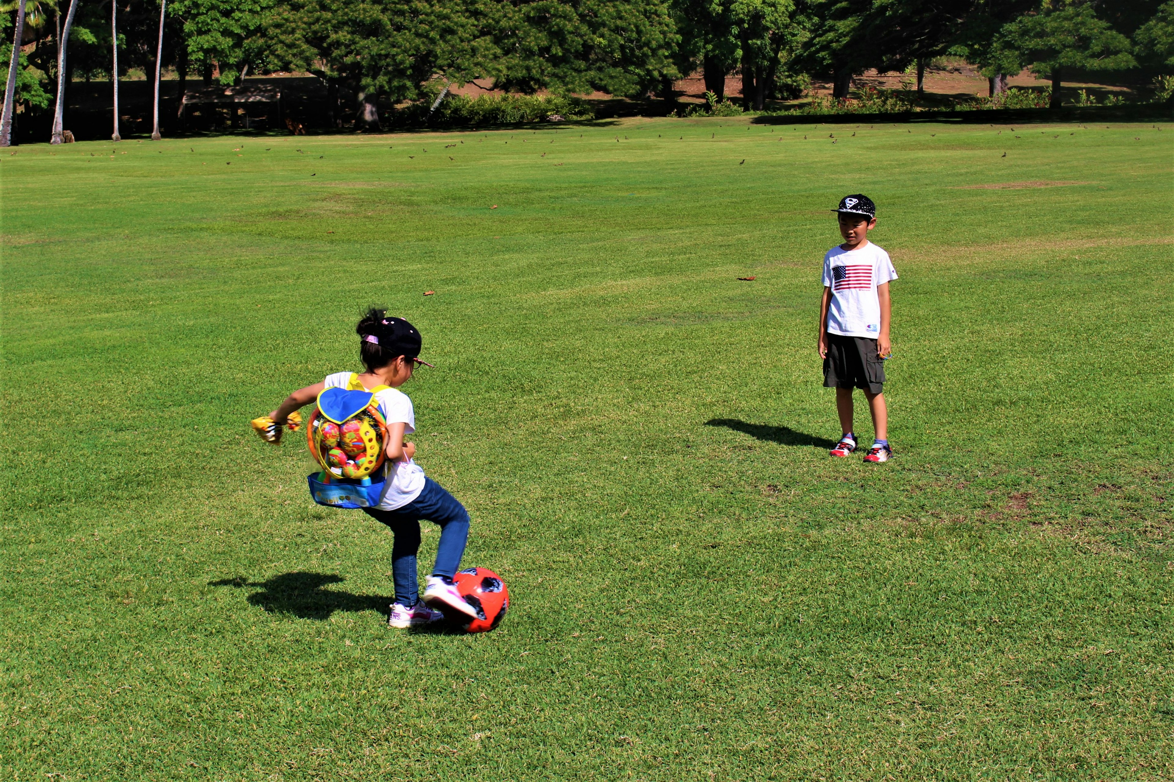 公園でサッカーをする子供たちの写真