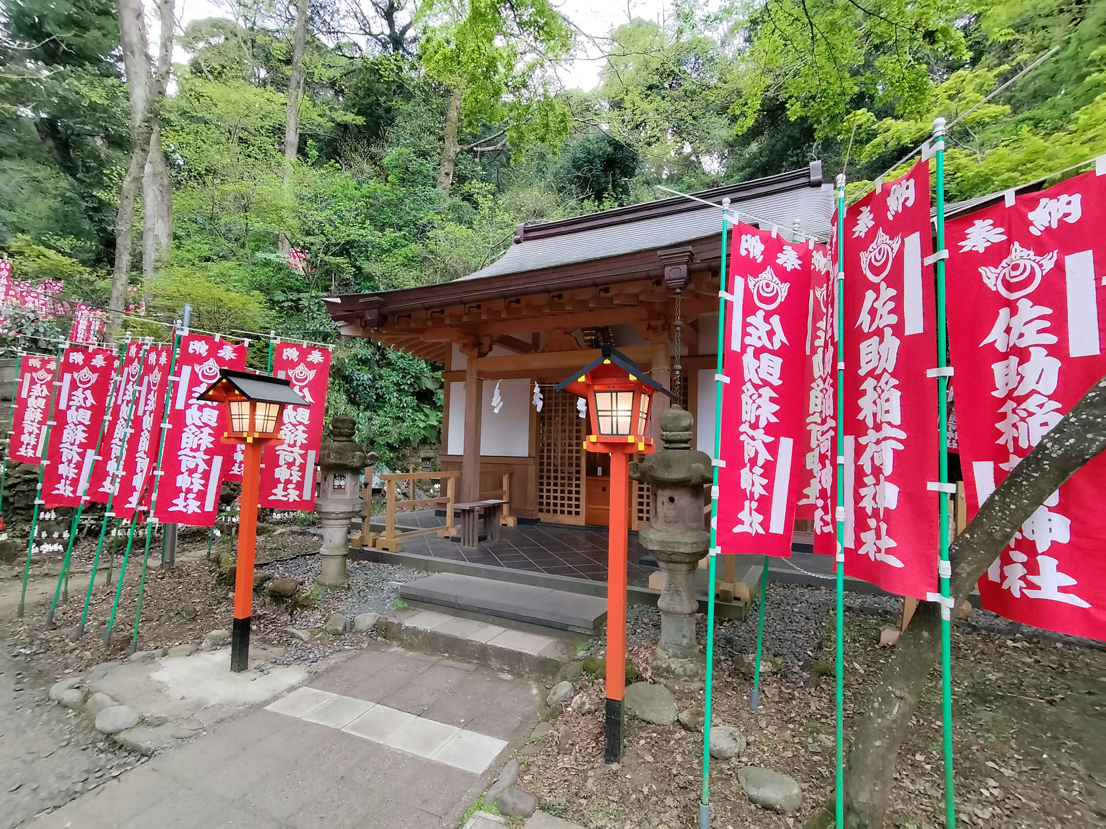 赤い旗が立ち並ぶ神社の入り口と木々に囲まれた静かな風景