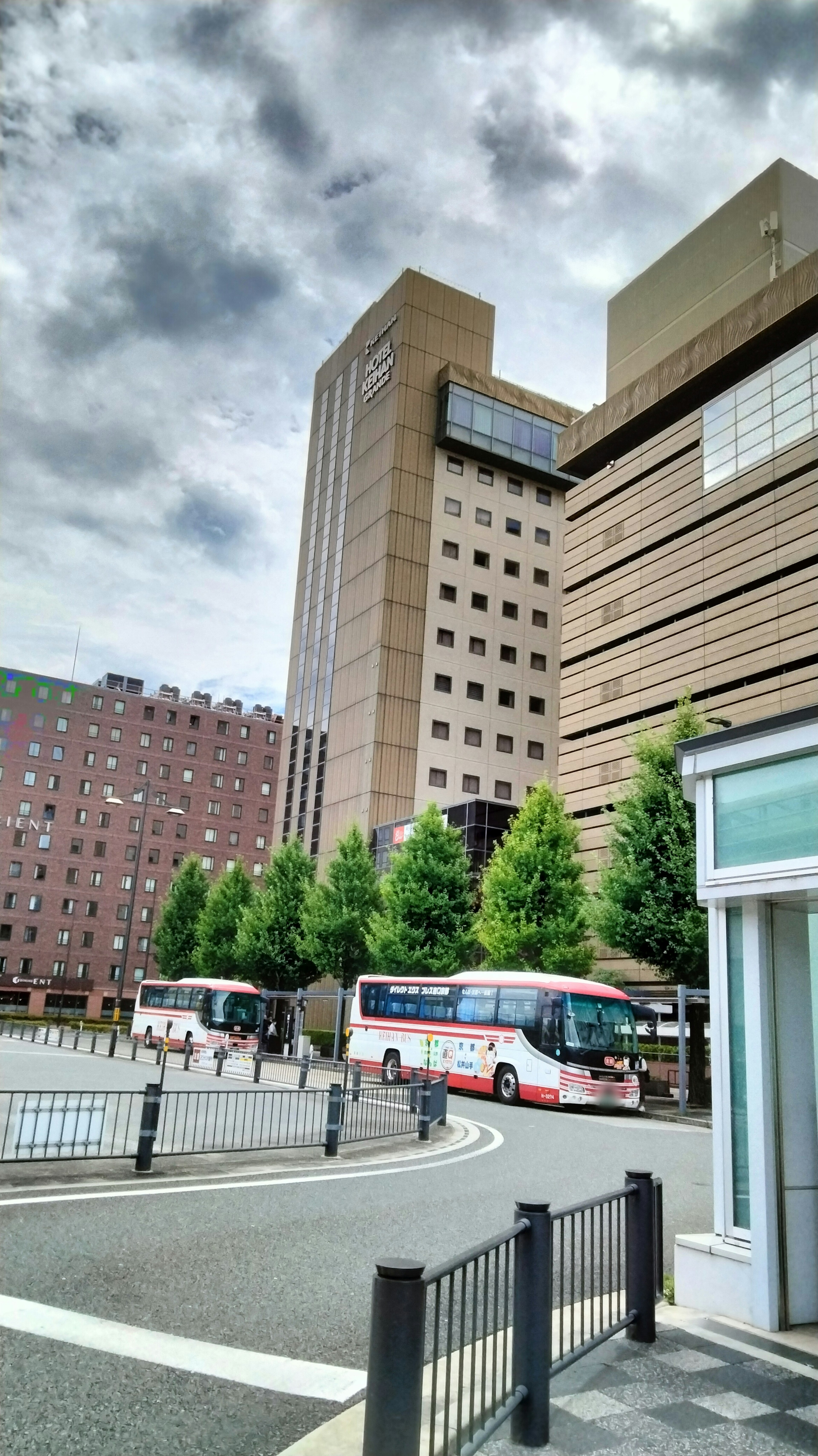 Cityscape featuring buses parked in front of modern buildings and green trees