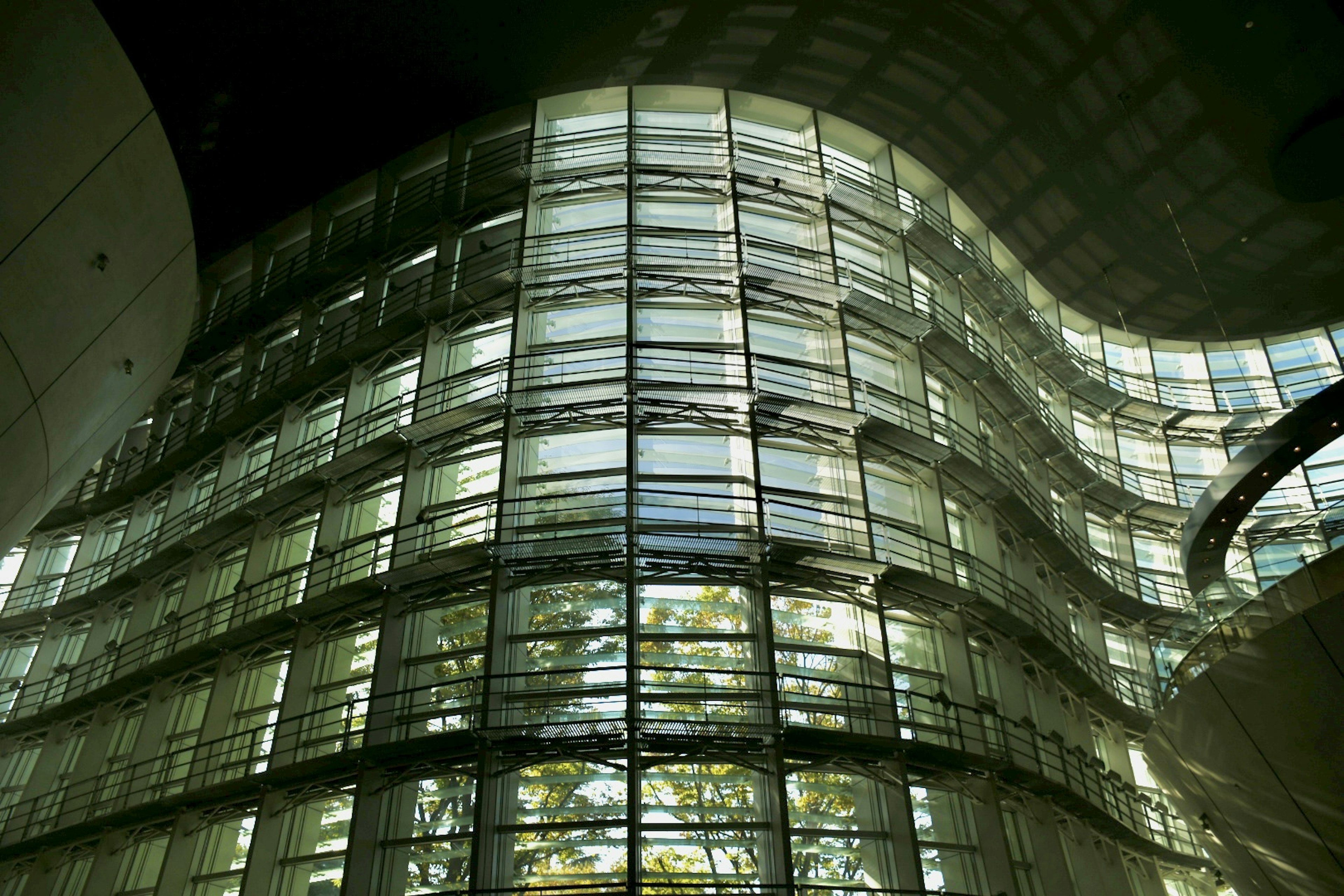 Close-up of a curved glass facade reflecting green trees modern architecture