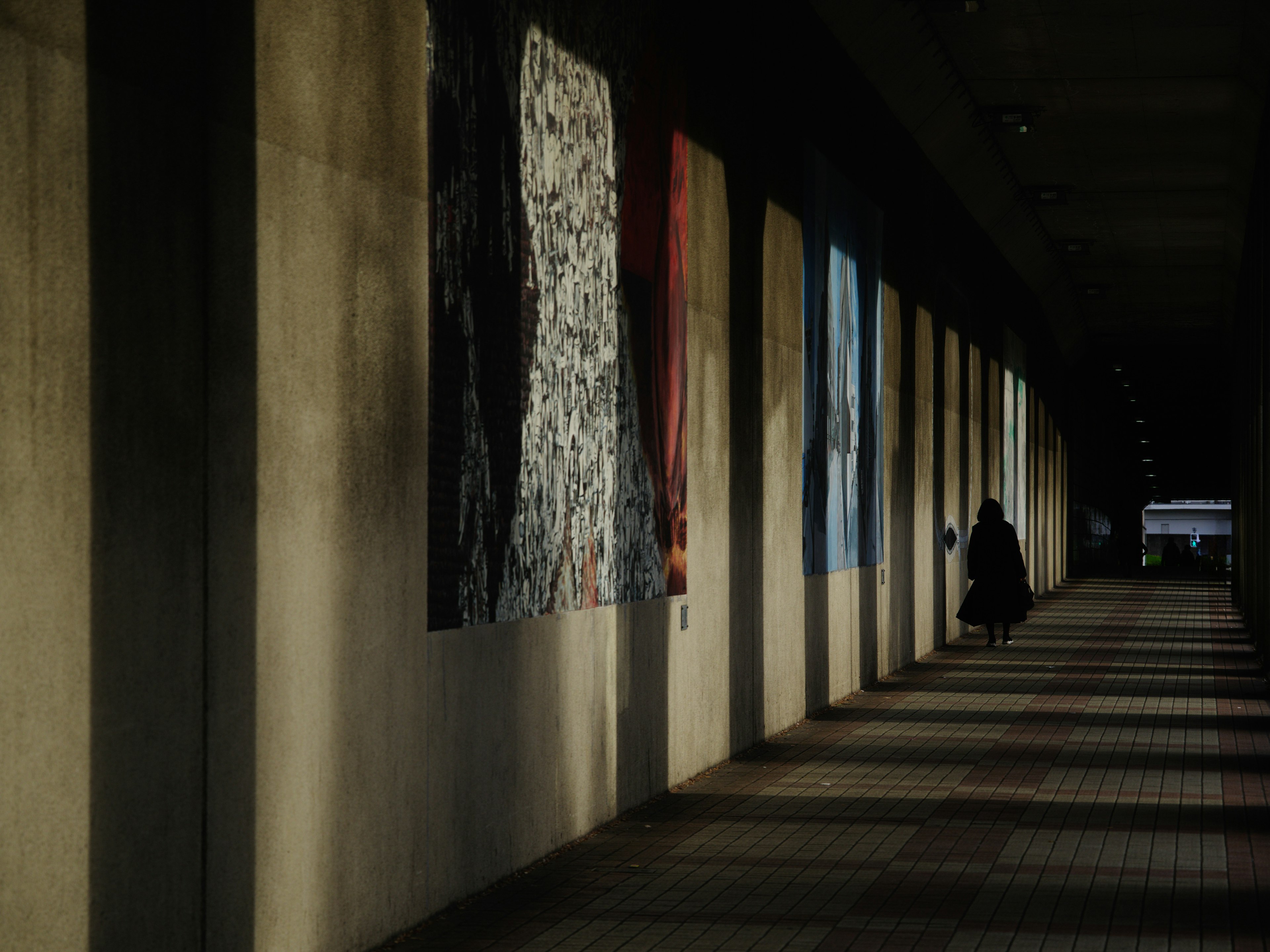 A quiet corridor displaying art pieces with contrasting shadows