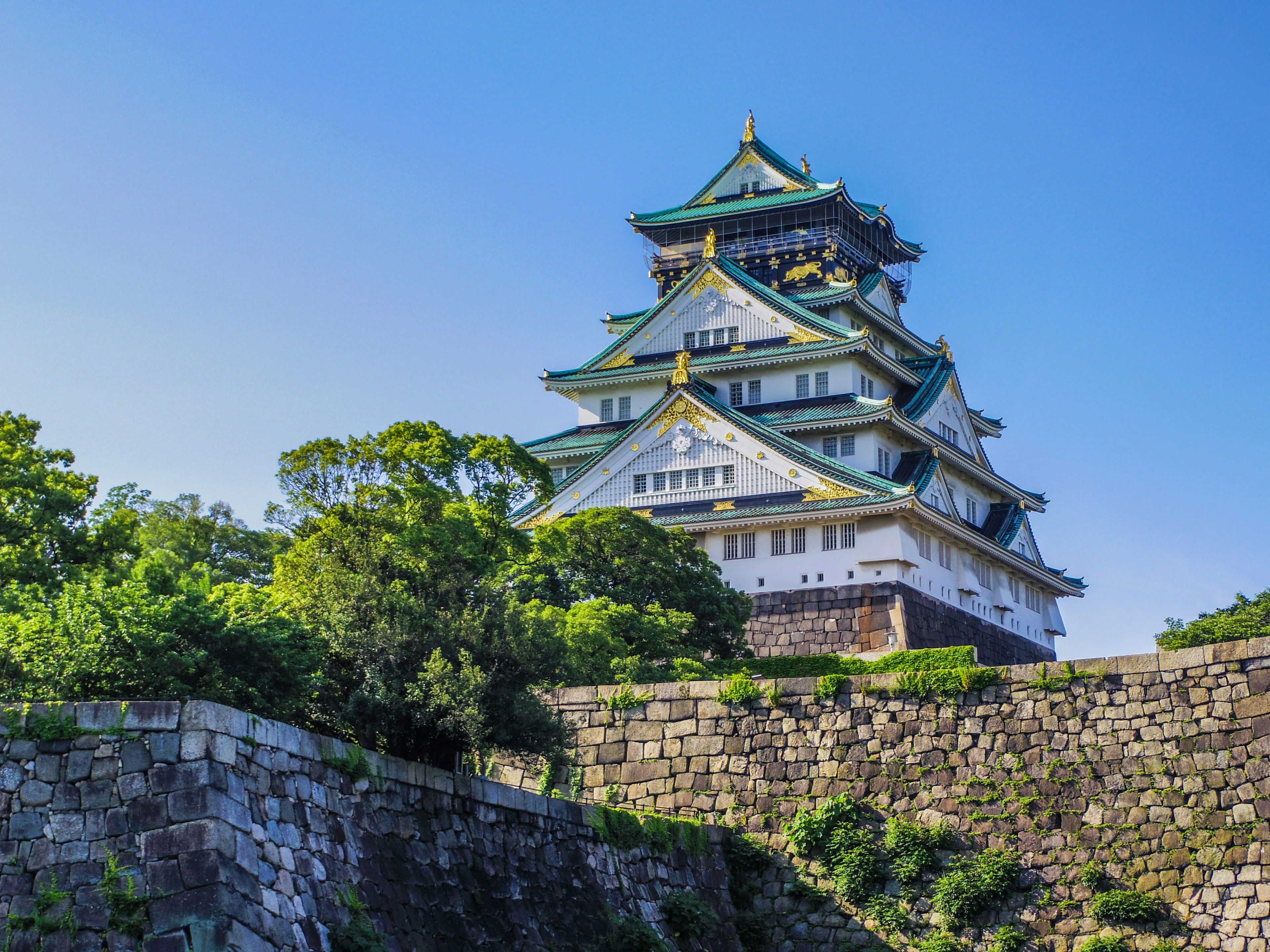 La straordinaria facciata del castello di Osaka e i suoi dintorni lussureggianti