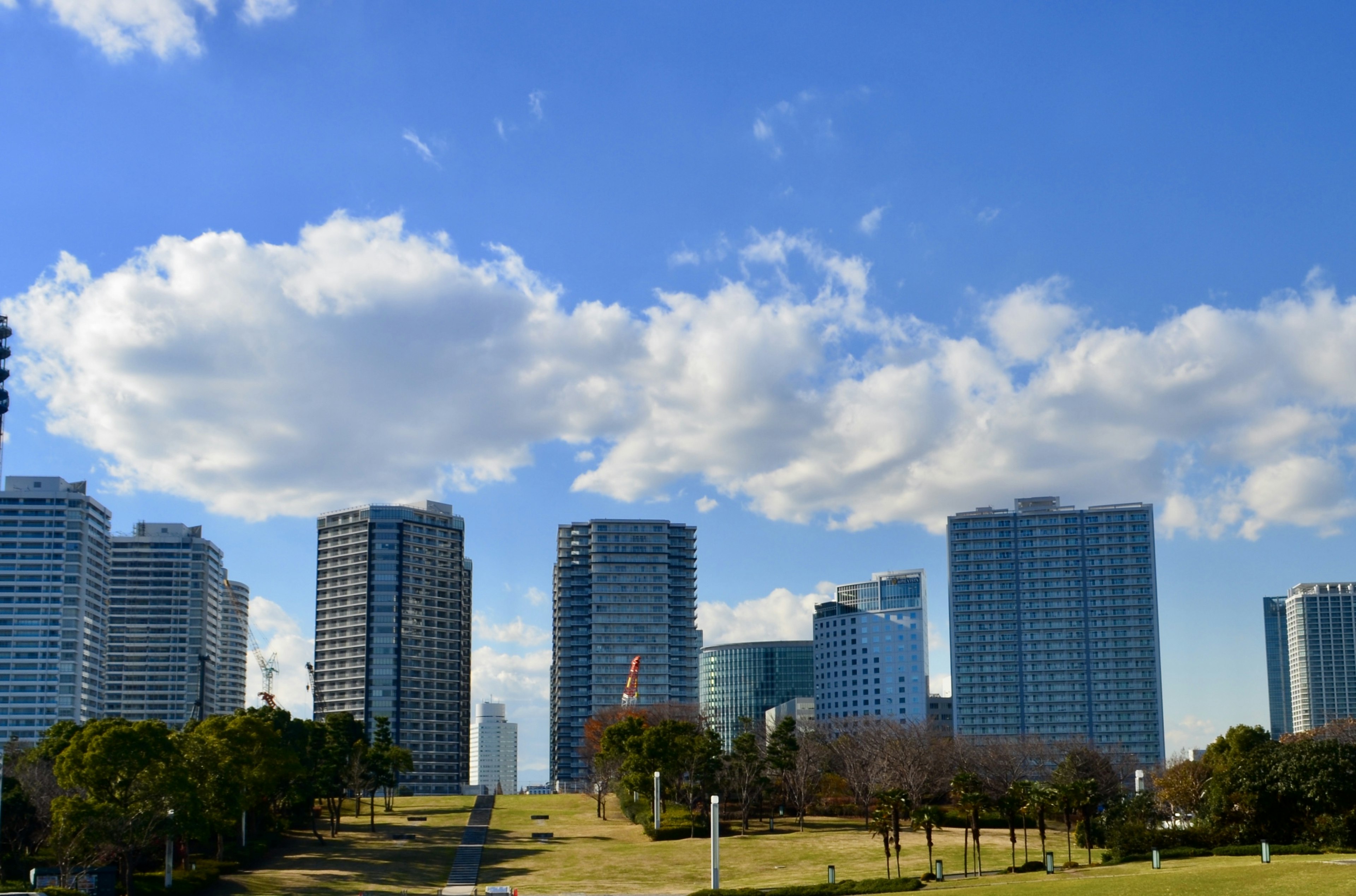 Vista di alti edifici sotto un cielo blu con nuvole Parco verde in primo piano