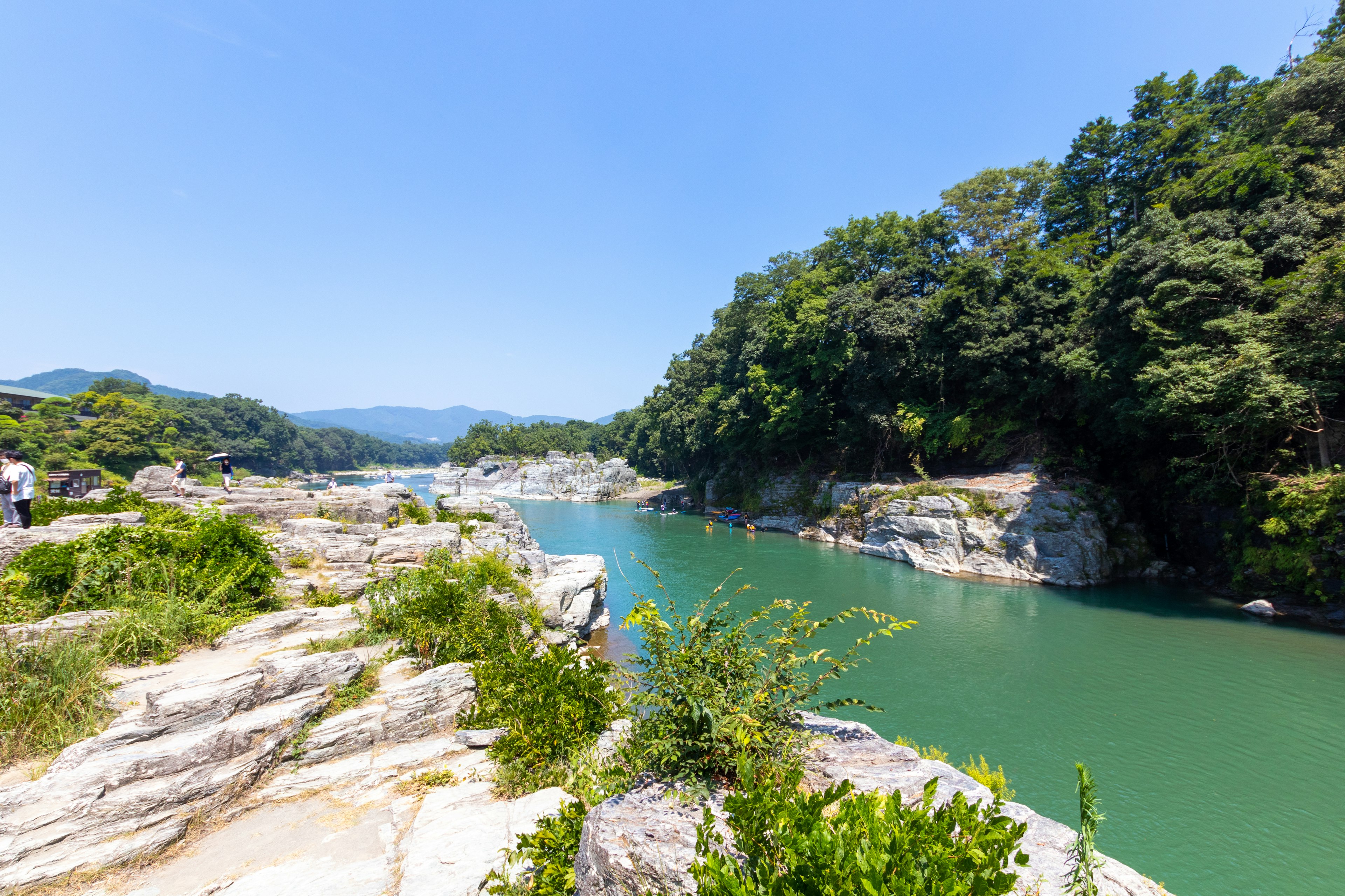 Naturlandschaft mit einem grünen Fluss, umgeben von Felsen und Bäumen