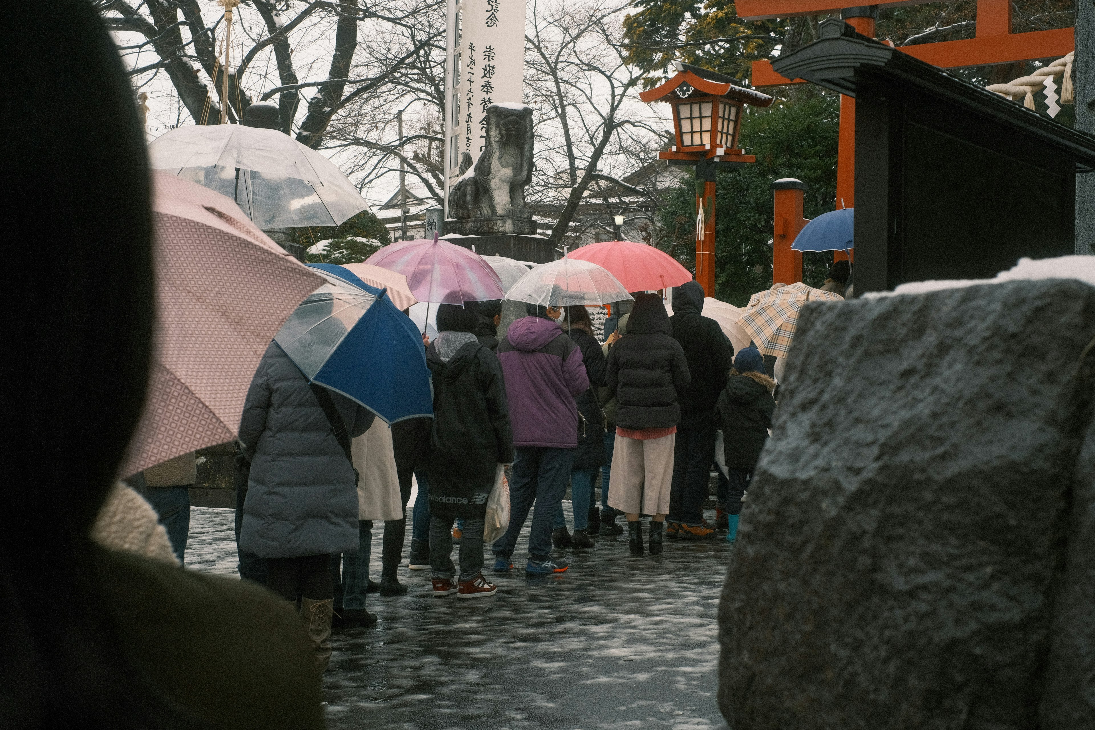 A line of people holding umbrellas on a rainy day