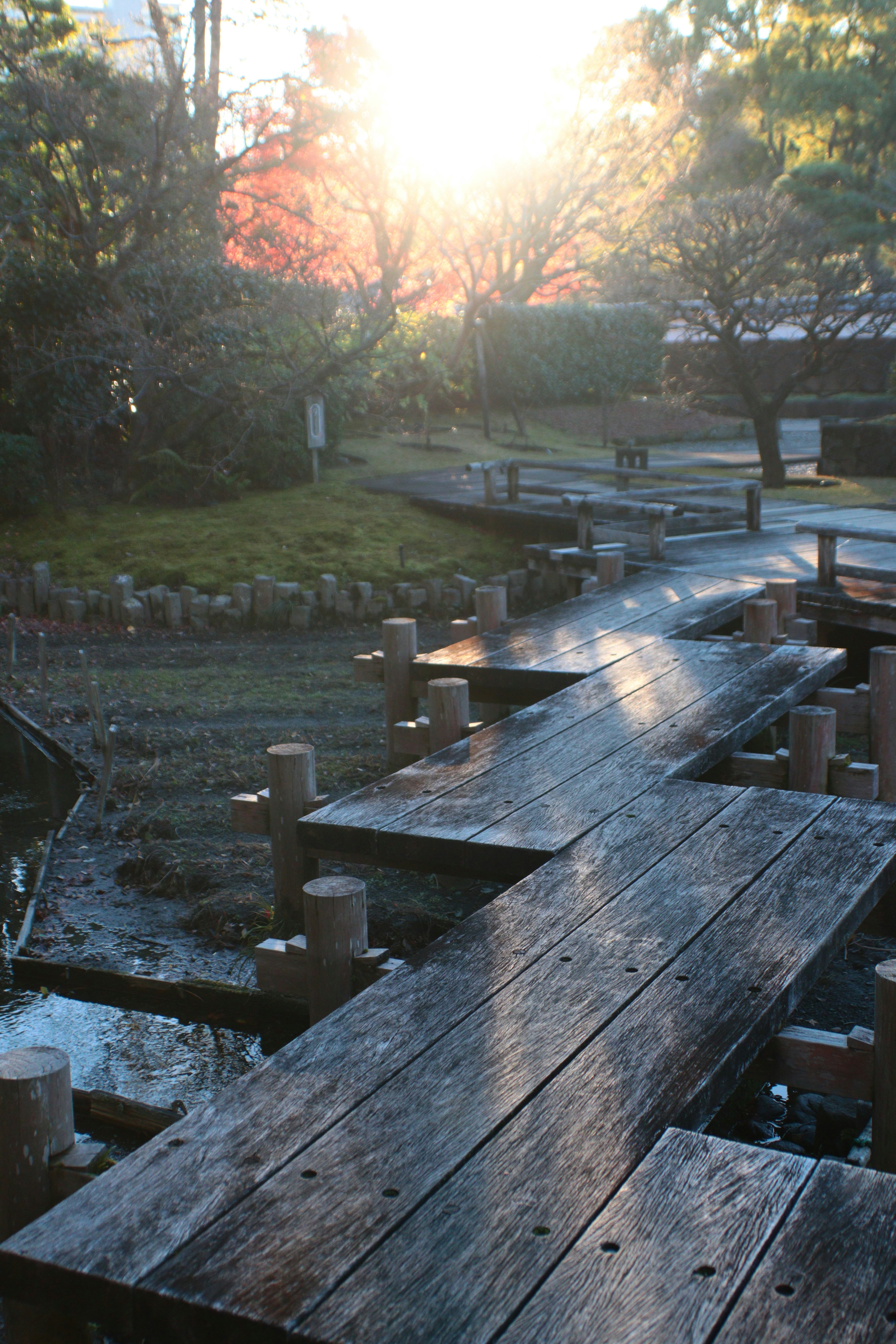 Wooden walkway over calm water reflecting morning sunlight